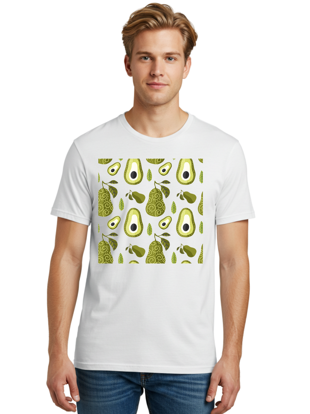 Avocado-Pattern Men'S Graphic Tee, 100% Cotton, Comfortable Casual Summer Wear, Machine Washable, Avocado Pattern, Half Avocados, Whole Avocados, Leaves, Swirls, Food Illustration, Healthy Eating, Organic Produce, Kitchen Decor, -  Aaa232