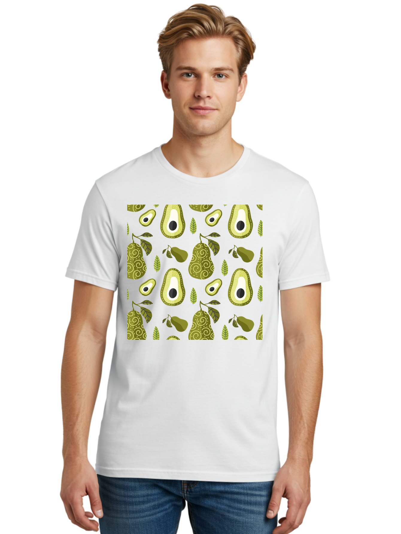 Avocado-Pattern Men'S Graphic Tee, 100% Cotton, Comfortable Casual Summer Wear, Machine Washable, Avocado Pattern, Half Avocados, Whole Avocados, Leaves, Swirls, Food Illustration, Healthy Eating, Organic Produce, Kitchen Decor, -  Aaa232
