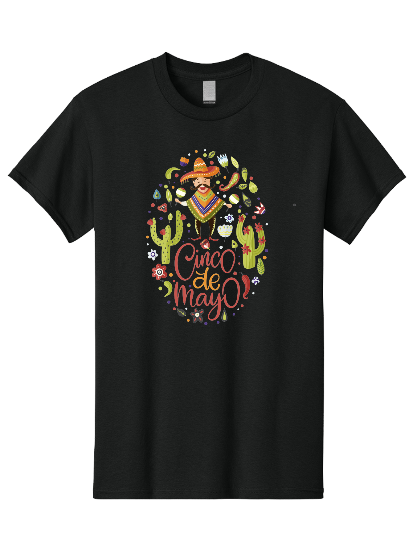 Cinco-De-Mayo Men'S Graphic Tee, 100% Cotton, Comfortable Casual Summer Wear, Machine Washable, Mexican Man, Sombrero, Poncho, Mustache, Maracas, Cacti, Flowers, Butterflies, Birds, Festive Atmosphere, Latin Culture, Holiday Celebration, -  Aaa240