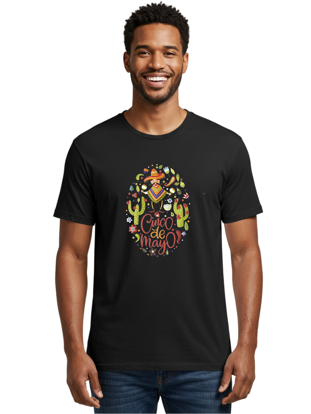 Cinco-De-Mayo Men'S Graphic Tee, 100% Cotton, Comfortable Casual Summer Wear, Machine Washable, Mexican Man, Sombrero, Poncho, Mustache, Maracas, Cacti, Flowers, Butterflies, Birds, Festive Atmosphere, Latin Culture, Holiday Celebration, -  Aaa240