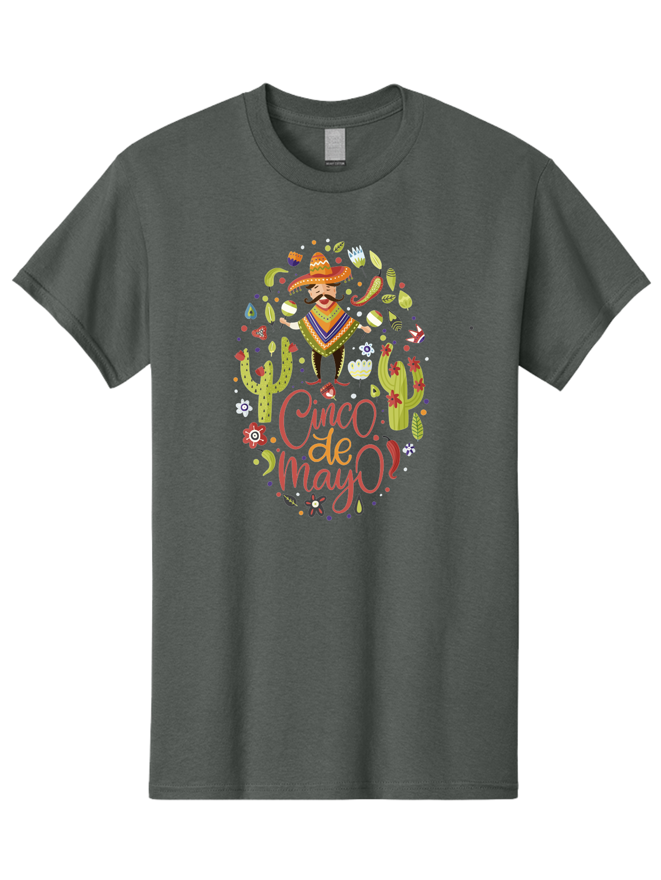 Cinco-De-Mayo Men'S Graphic Tee, 100% Cotton, Comfortable Casual Summer Wear, Machine Washable, Mexican Man, Sombrero, Poncho, Mustache, Maracas, Cacti, Flowers, Butterflies, Birds, Festive Atmosphere, Latin Culture, Holiday Celebration, -  Aaa240