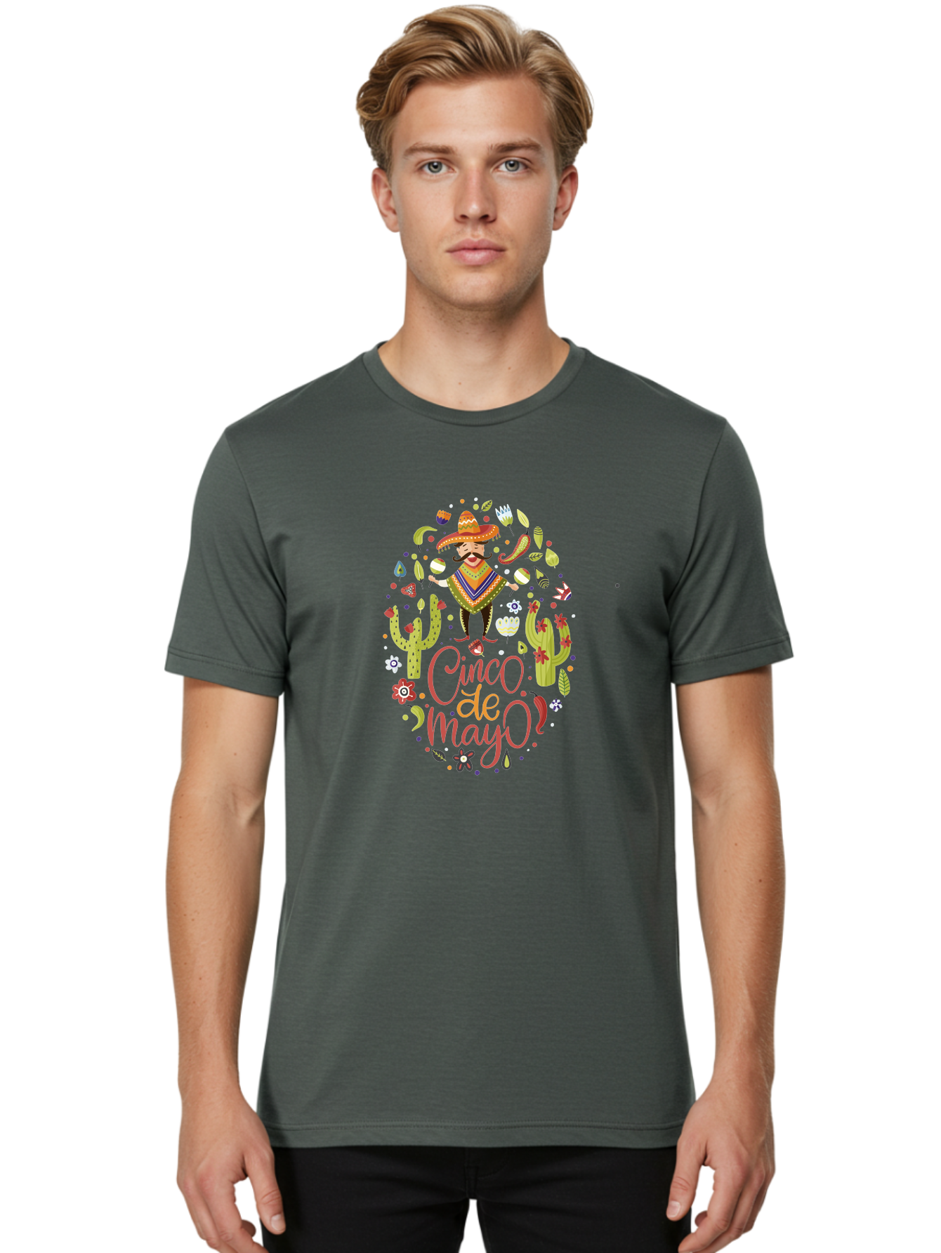 Cinco-De-Mayo Men'S Graphic Tee, 100% Cotton, Comfortable Casual Summer Wear, Machine Washable, Mexican Man, Sombrero, Poncho, Mustache, Maracas, Cacti, Flowers, Butterflies, Birds, Festive Atmosphere, Latin Culture, Holiday Celebration, -  Aaa240