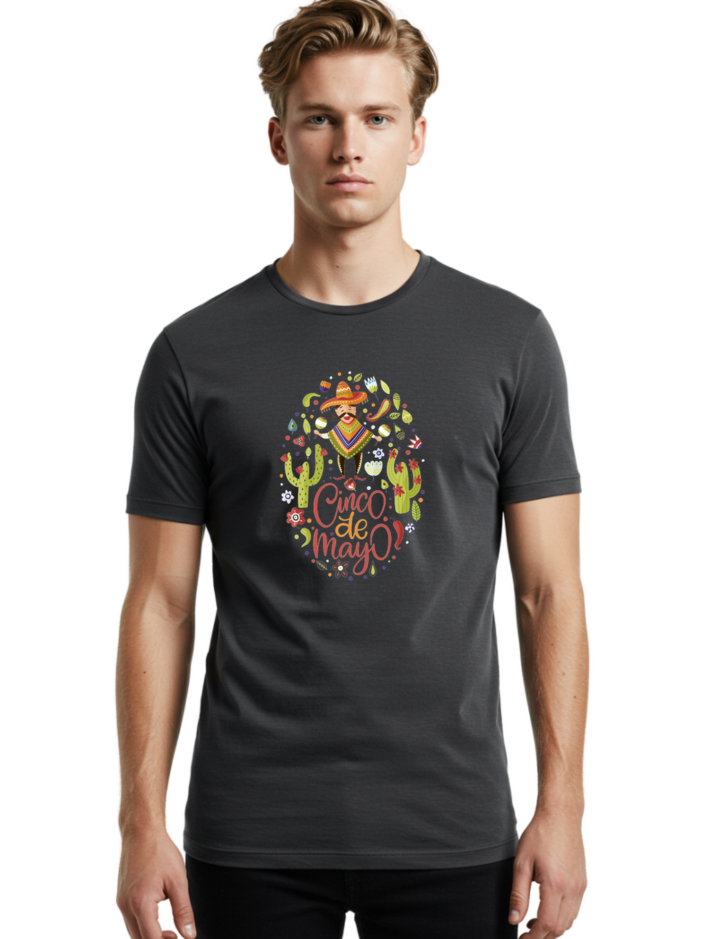 Cinco-De-Mayo Men'S Graphic Tee, 100% Cotton, Comfortable Casual Summer Wear, Machine Washable, Mexican Man, Sombrero, Poncho, Mustache, Maracas, Cacti, Flowers, Butterflies, Birds, Festive Atmosphere, Latin Culture, Holiday Celebration, -  Aaa240