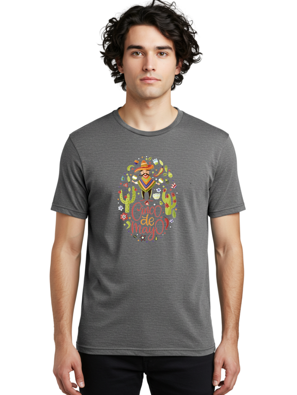 Cinco-De-Mayo Men'S Graphic Tee, 100% Cotton, Comfortable Casual Summer Wear, Machine Washable, Mexican Man, Sombrero, Poncho, Mustache, Maracas, Cacti, Flowers, Butterflies, Birds, Festive Atmosphere, Latin Culture, Holiday Celebration, -  Aaa240