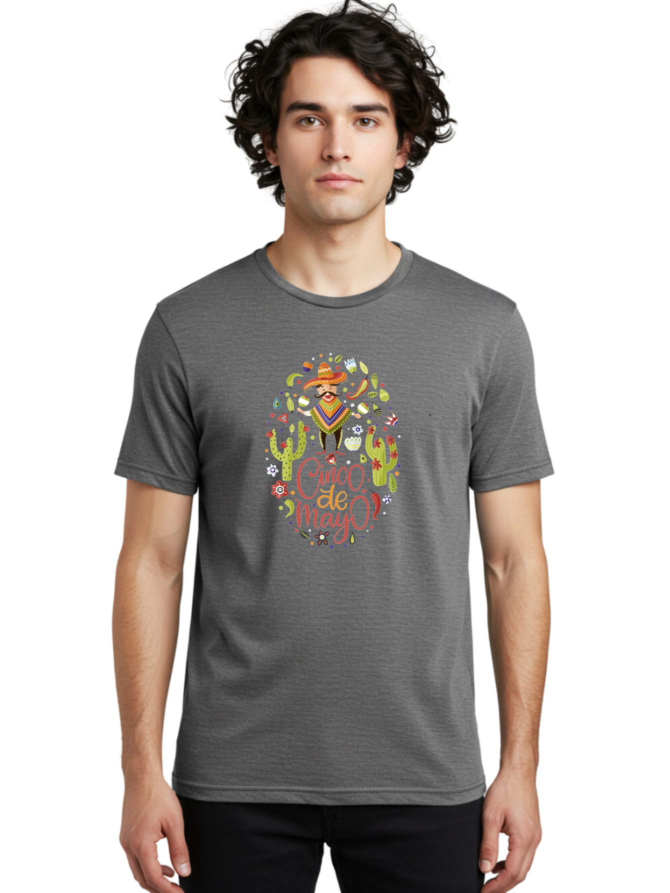 Cinco-De-Mayo Men'S Graphic Tee, 100% Cotton, Comfortable Casual Summer Wear, Machine Washable, Mexican Man, Sombrero, Poncho, Mustache, Maracas, Cacti, Flowers, Butterflies, Birds, Festive Atmosphere, Latin Culture, Holiday Celebration, -  Aaa240