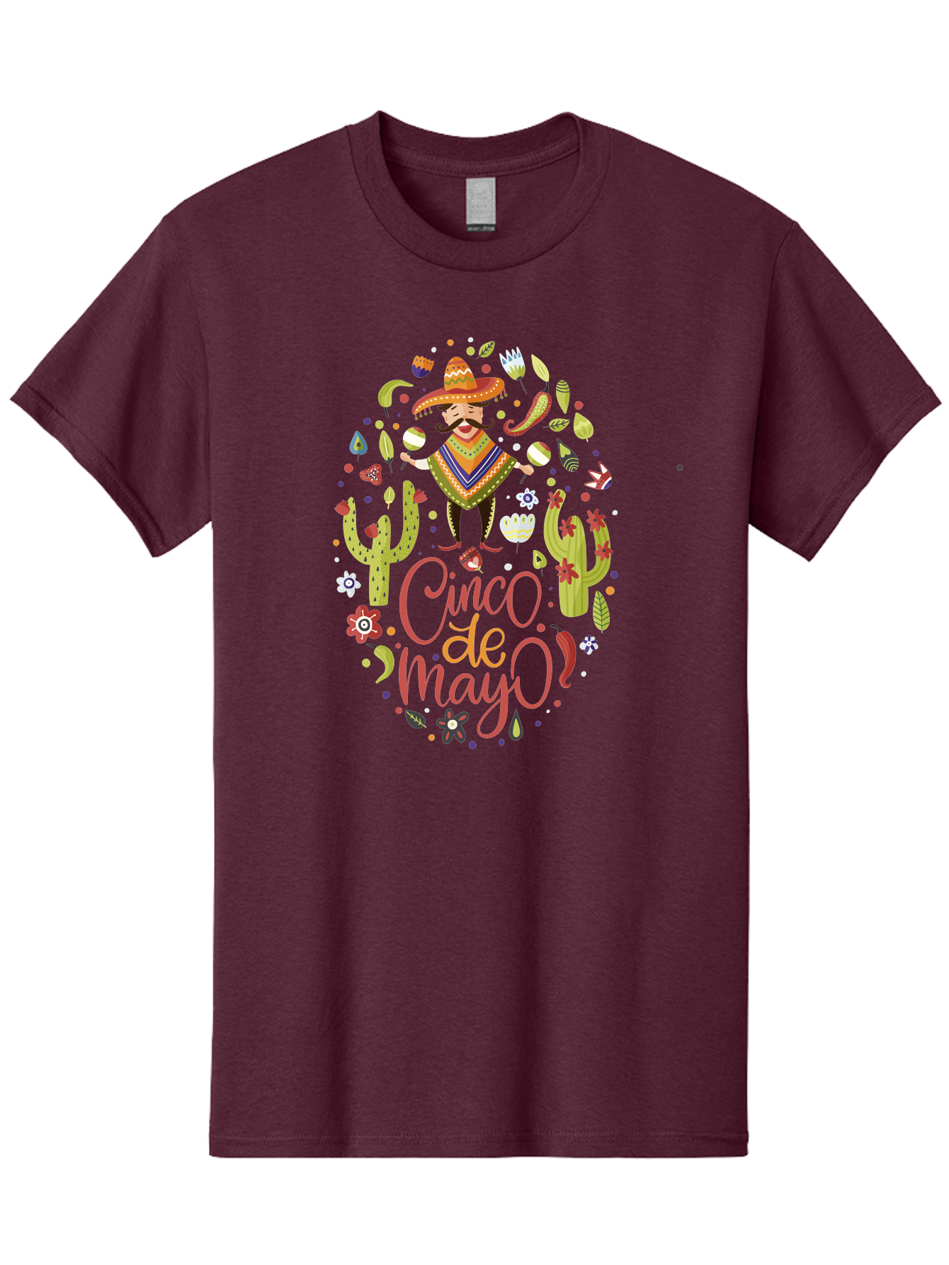 Cinco-De-Mayo Men'S Graphic Tee, 100% Cotton, Comfortable Casual Summer Wear, Machine Washable, Mexican Man, Sombrero, Poncho, Mustache, Maracas, Cacti, Flowers, Butterflies, Birds, Festive Atmosphere, Latin Culture, Holiday Celebration, -  Aaa240