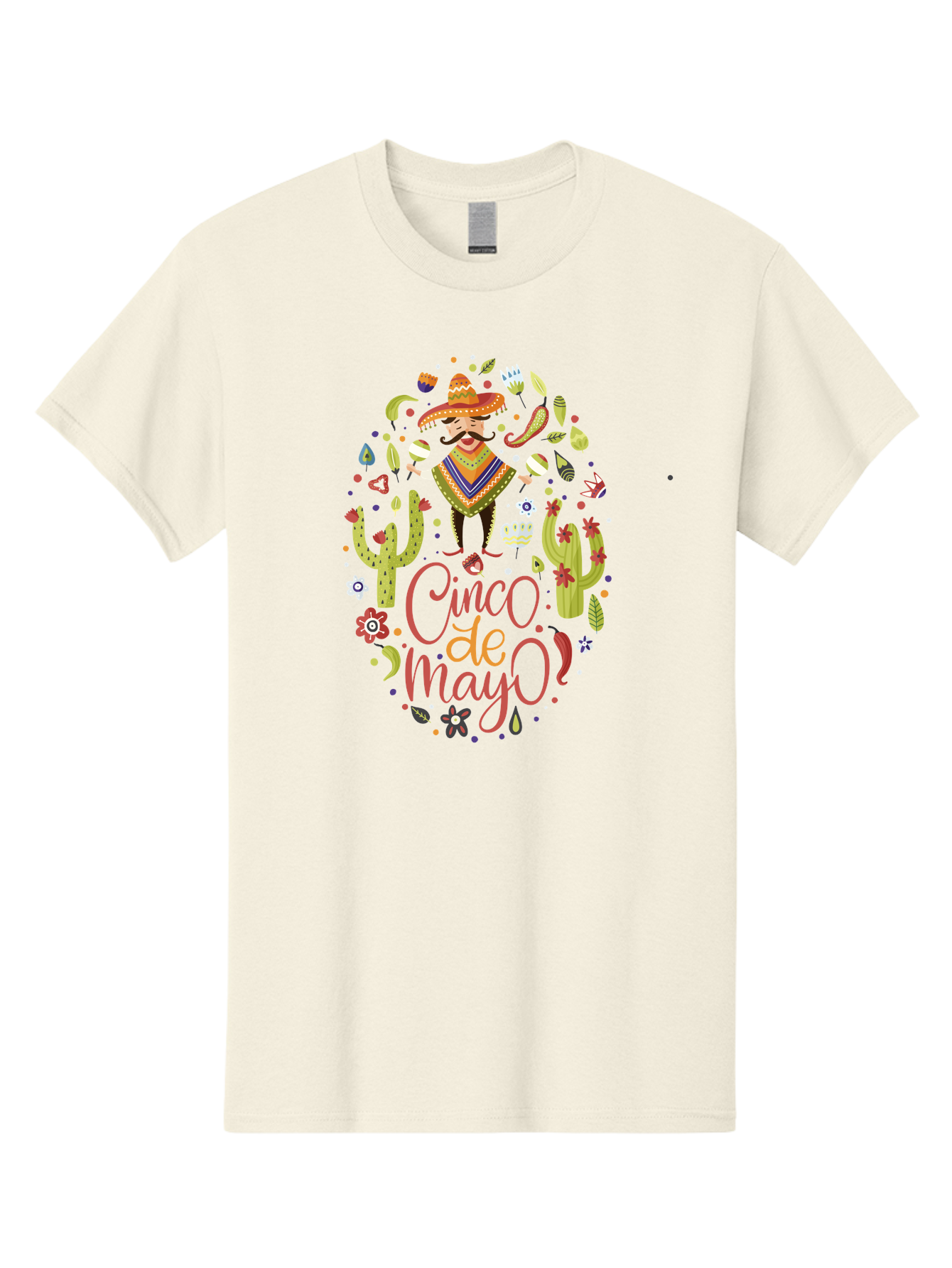 Cinco-De-Mayo Men'S Graphic Tee, 100% Cotton, Comfortable Casual Summer Wear, Machine Washable, Mexican Man, Sombrero, Poncho, Mustache, Maracas, Cacti, Flowers, Butterflies, Birds, Festive Atmosphere, Latin Culture, Holiday Celebration, -  Aaa240