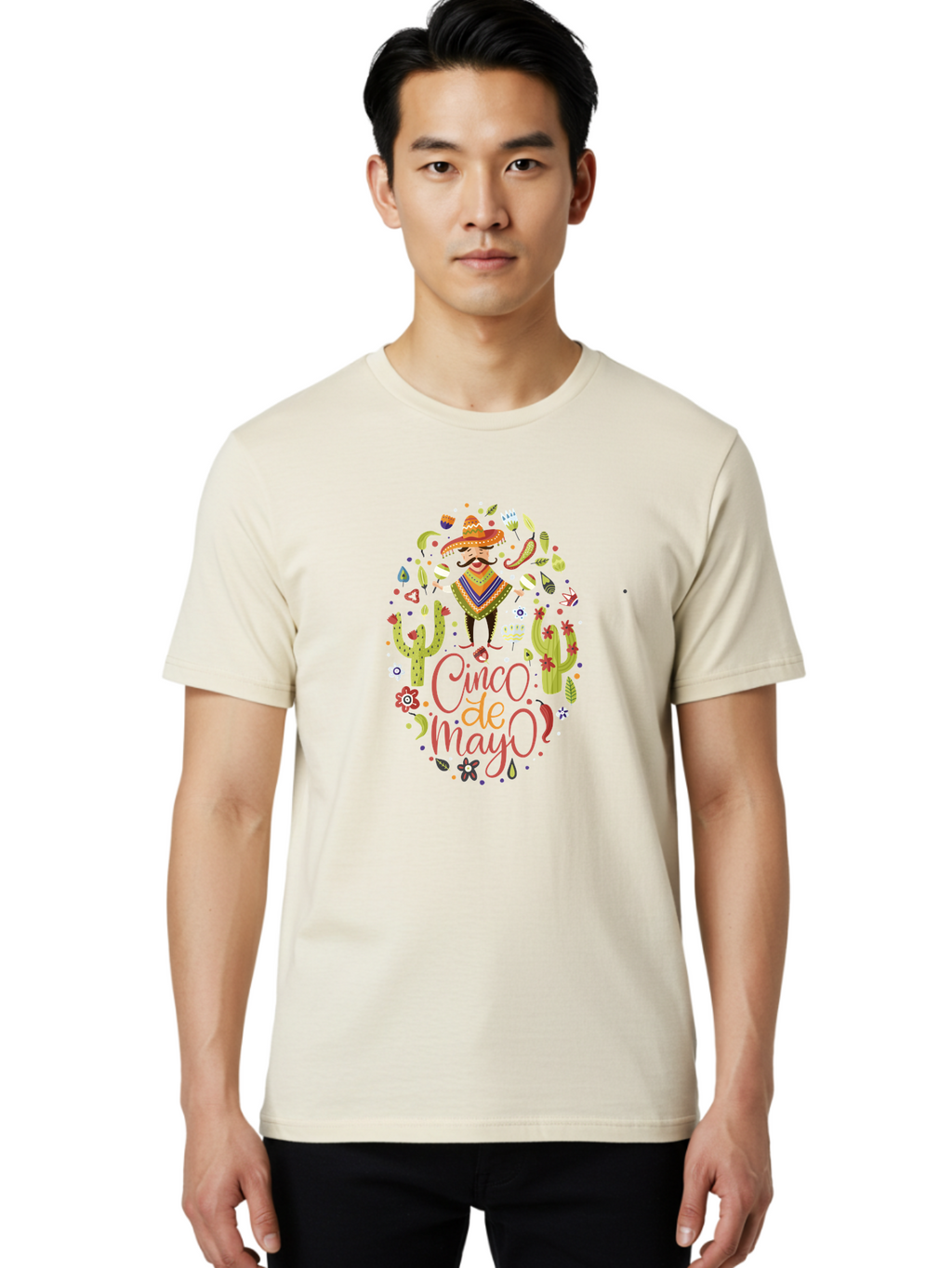 Cinco-De-Mayo Men'S Graphic Tee, 100% Cotton, Comfortable Casual Summer Wear, Machine Washable, Mexican Man, Sombrero, Poncho, Mustache, Maracas, Cacti, Flowers, Butterflies, Birds, Festive Atmosphere, Latin Culture, Holiday Celebration, -  Aaa240