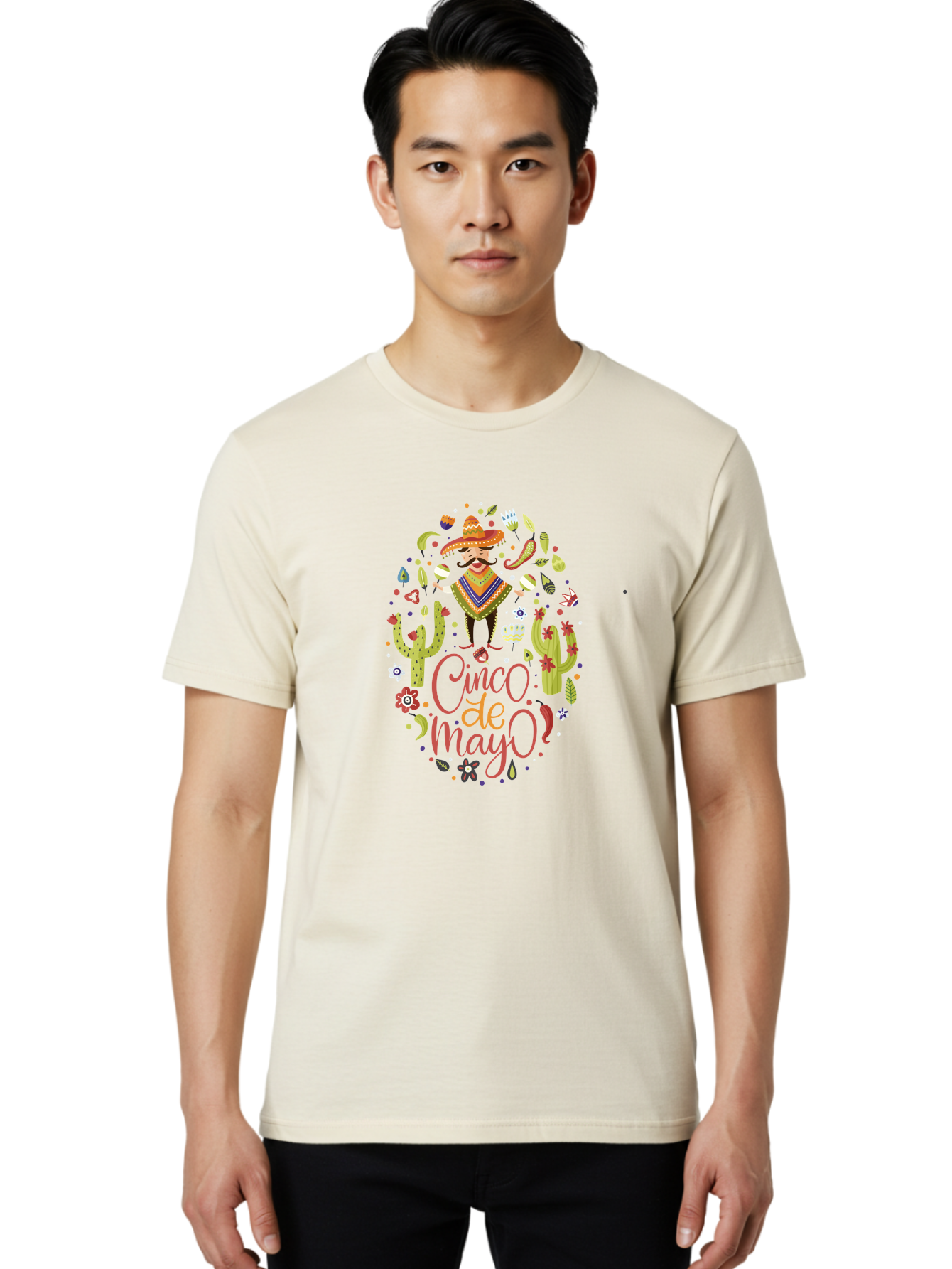 Cinco-De-Mayo Men'S Graphic Tee, 100% Cotton, Comfortable Casual Summer Wear, Machine Washable, Mexican Man, Sombrero, Poncho, Mustache, Maracas, Cacti, Flowers, Butterflies, Birds, Festive Atmosphere, Latin Culture, Holiday Celebration, -  Aaa240