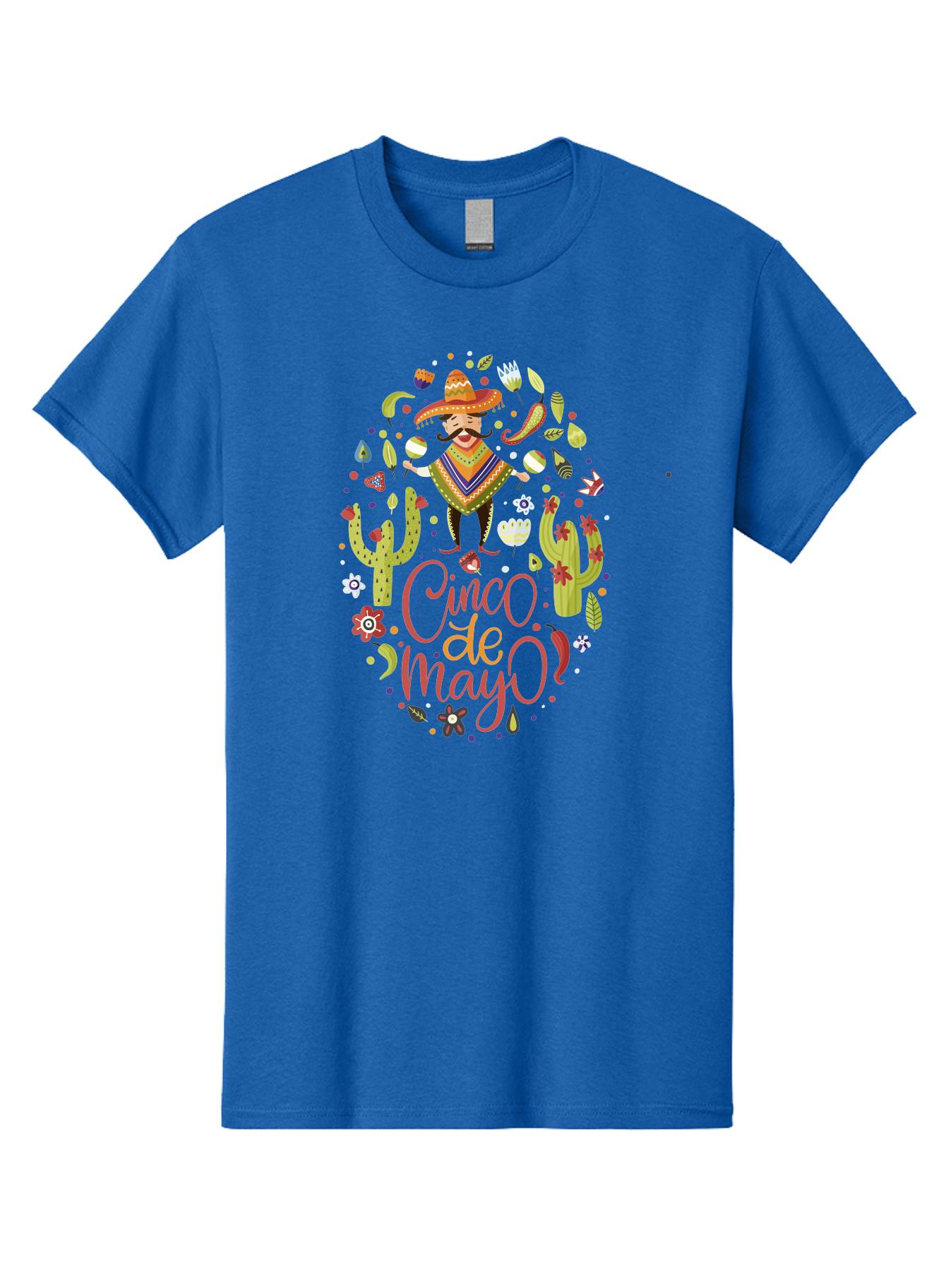 Cinco-De-Mayo Men'S Graphic Tee, 100% Cotton, Comfortable Casual Summer Wear, Machine Washable, Mexican Man, Sombrero, Poncho, Mustache, Maracas, Cacti, Flowers, Butterflies, Birds, Festive Atmosphere, Latin Culture, Holiday Celebration, -  Aaa240