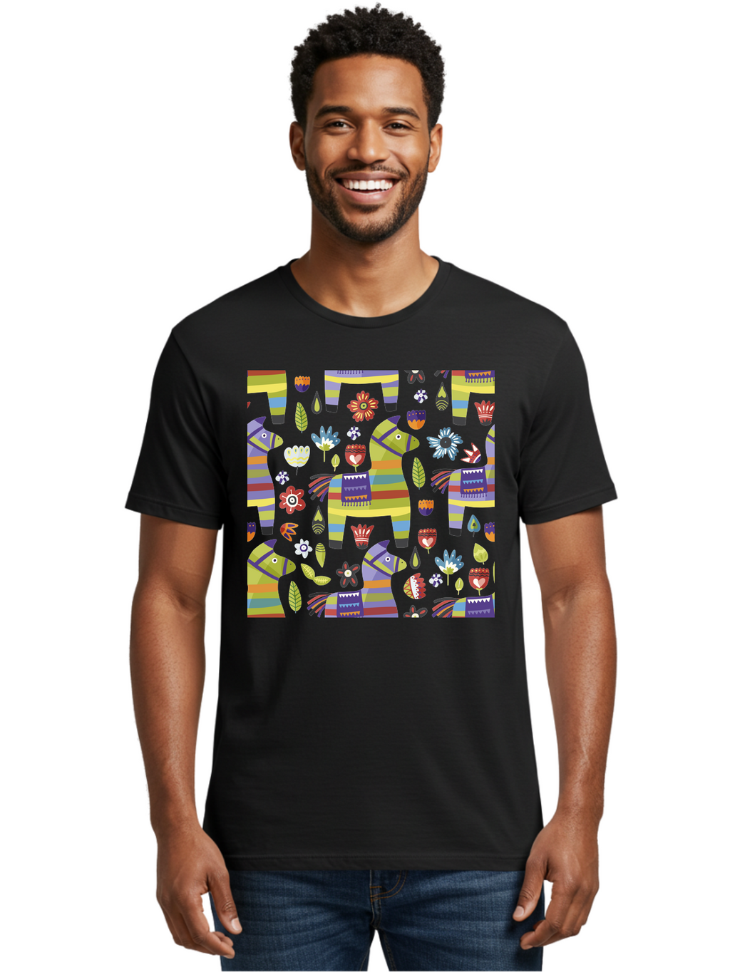 Colorful-Pattern Men'S Graphic Tee, 100% Cotton, Comfortable Casual Summer Wear, Machine Washable, Colorful Fish Pattern, Vibrant Flowers, Playful Design, Striped Elements, Whimsical Shapes, Abstract Art -  Aaa241