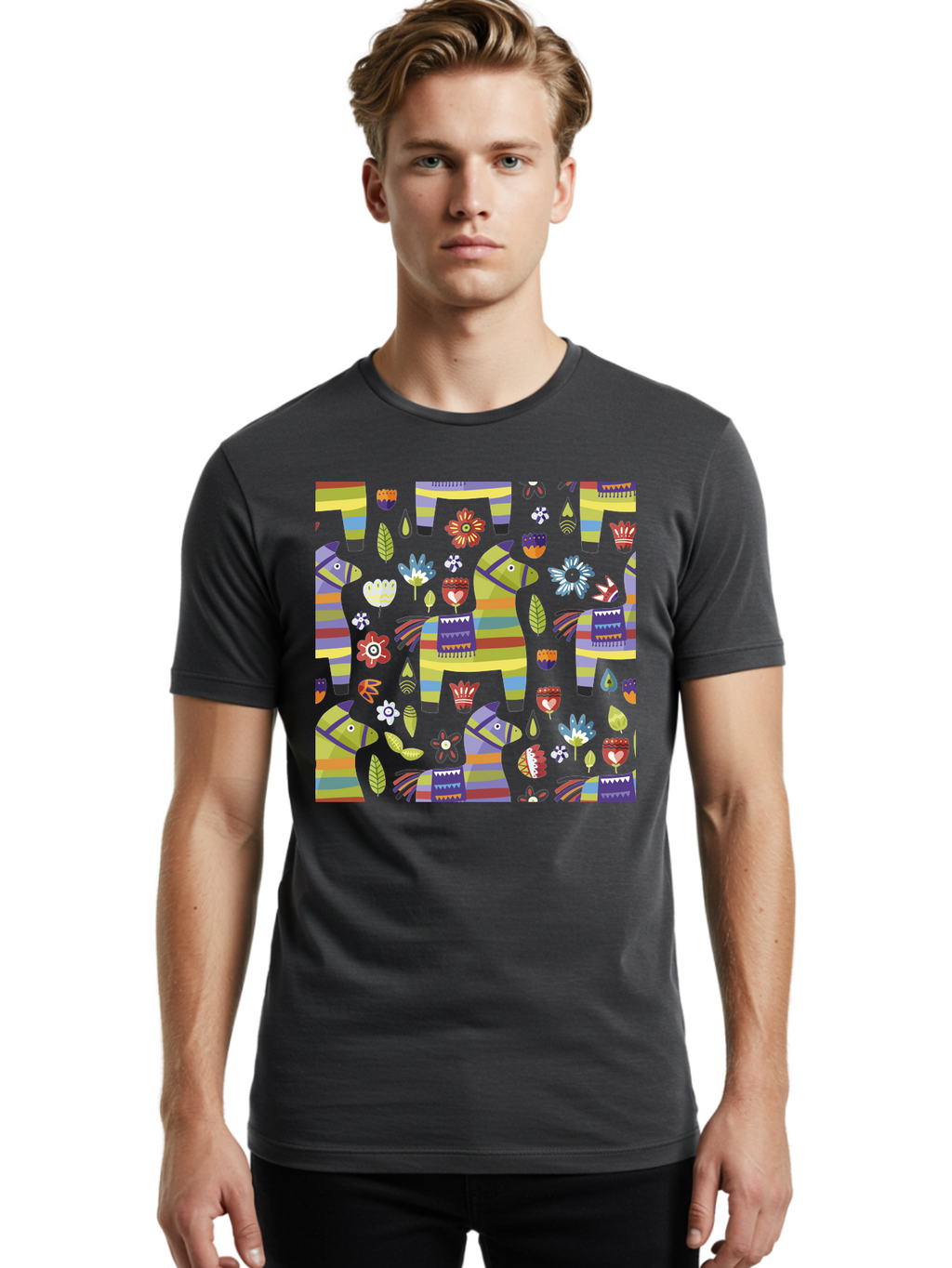 Colorful-Pattern Men'S Graphic Tee, 100% Cotton, Comfortable Casual Summer Wear, Machine Washable, Colorful Fish Pattern, Vibrant Flowers, Playful Design, Striped Elements, Whimsical Shapes, Abstract Art -  Aaa241