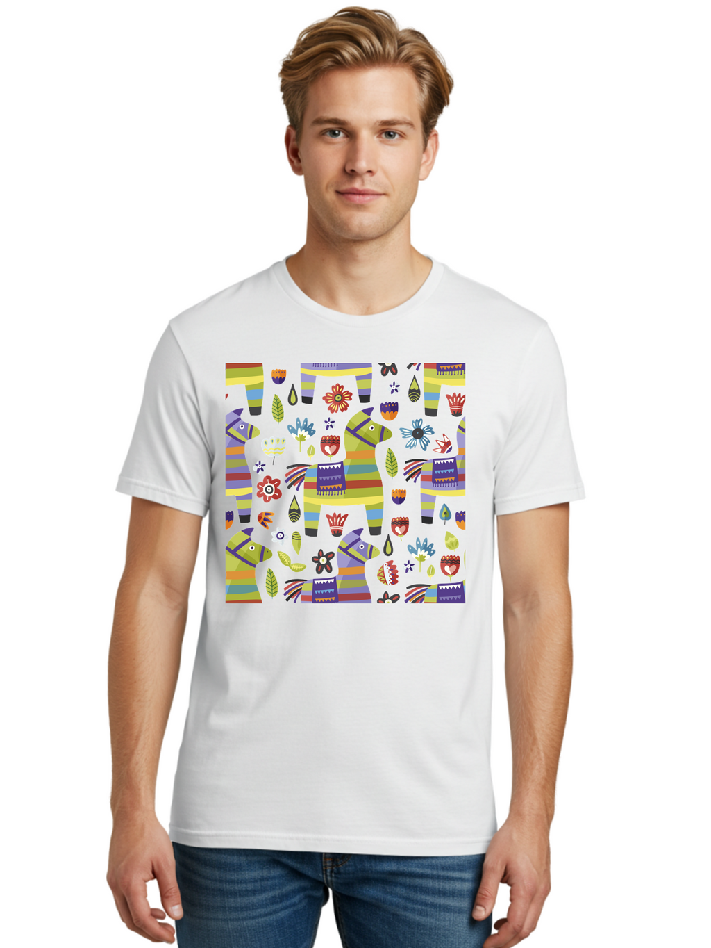 Colorful-Pattern Men'S Graphic Tee, 100% Cotton, Comfortable Casual Summer Wear, Machine Washable, Colorful Fish Pattern, Vibrant Flowers, Playful Design, Striped Elements, Whimsical Shapes, Abstract Art -  Aaa241