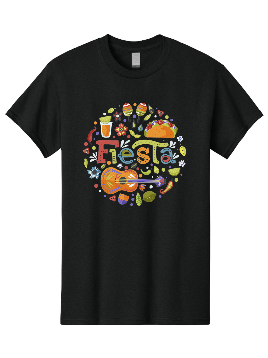 Festa Men'S Graphic Tee, 100% Cotton, Comfortable Casual Summer Wear, Machine Washable, Festival Vibes, Colorful Illustration, Mexican Food, Drinks, Flowers, Guitar, Maracas, Lively Celebration, Vibrant Colors, Festive Atmosphere, Party, -  Aaa242