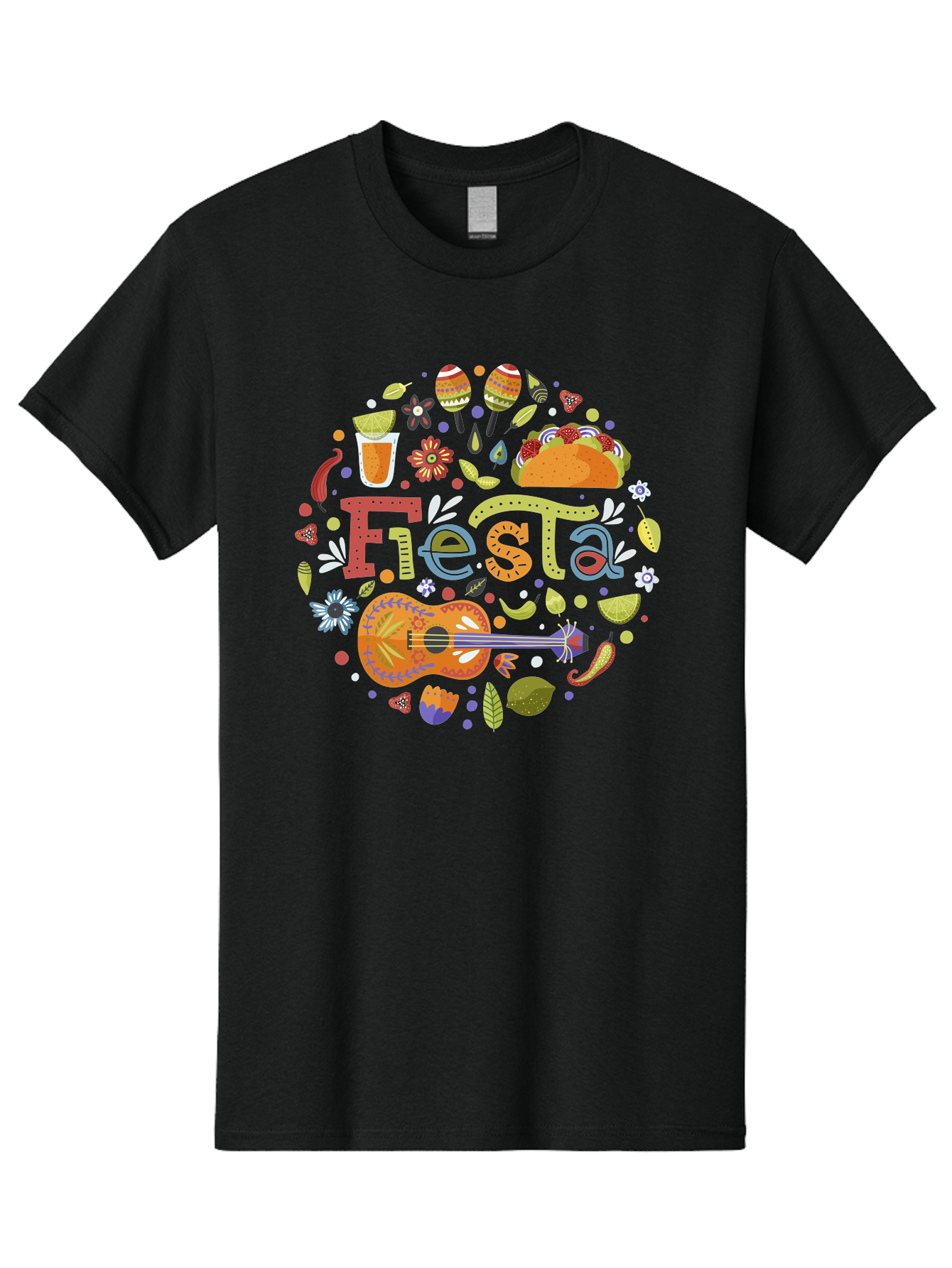 Festa Men'S Graphic Tee, 100% Cotton, Comfortable Casual Summer Wear, Machine Washable, Festival Vibes, Colorful Illustration, Mexican Food, Drinks, Flowers, Guitar, Maracas, Lively Celebration, Vibrant Colors, Festive Atmosphere, Party, -  Aaa242