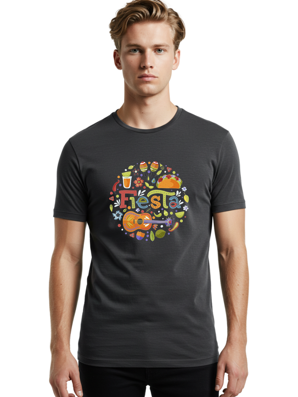 Festa Men'S Graphic Tee, 100% Cotton, Comfortable Casual Summer Wear, Machine Washable, Festival Vibes, Colorful Illustration, Mexican Food, Drinks, Flowers, Guitar, Maracas, Lively Celebration, Vibrant Colors, Festive Atmosphere, Party, -  Aaa242
