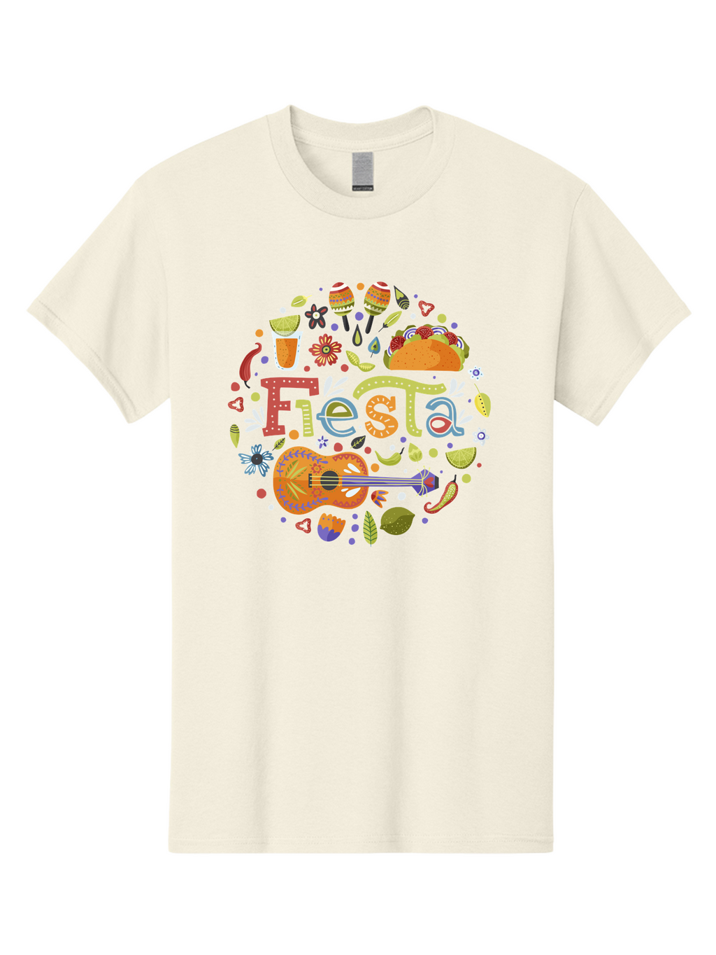 Festa Men'S Graphic Tee, 100% Cotton, Comfortable Casual Summer Wear, Machine Washable, Festival Vibes, Colorful Illustration, Mexican Food, Drinks, Flowers, Guitar, Maracas, Lively Celebration, Vibrant Colors, Festive Atmosphere, Party, -  Aaa242