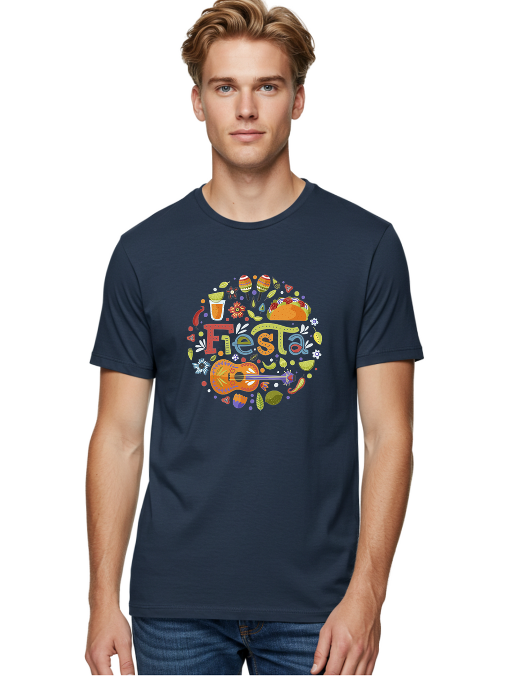 Festa Men'S Graphic Tee, 100% Cotton, Comfortable Casual Summer Wear, Machine Washable, Festival Vibes, Colorful Illustration, Mexican Food, Drinks, Flowers, Guitar, Maracas, Lively Celebration, Vibrant Colors, Festive Atmosphere, Party, -  Aaa242