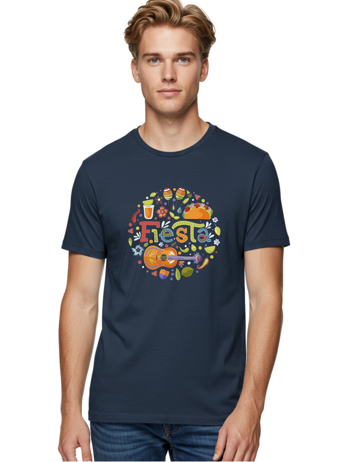 Festa Men'S Graphic Tee, 100% Cotton, Comfortable Casual Summer Wear, Machine Washable, Festival Vibes, Colorful Illustration, Mexican Food, Drinks, Flowers, Guitar, Maracas, Lively Celebration, Vibrant Colors, Festive Atmosphere, Party, -  Aaa242