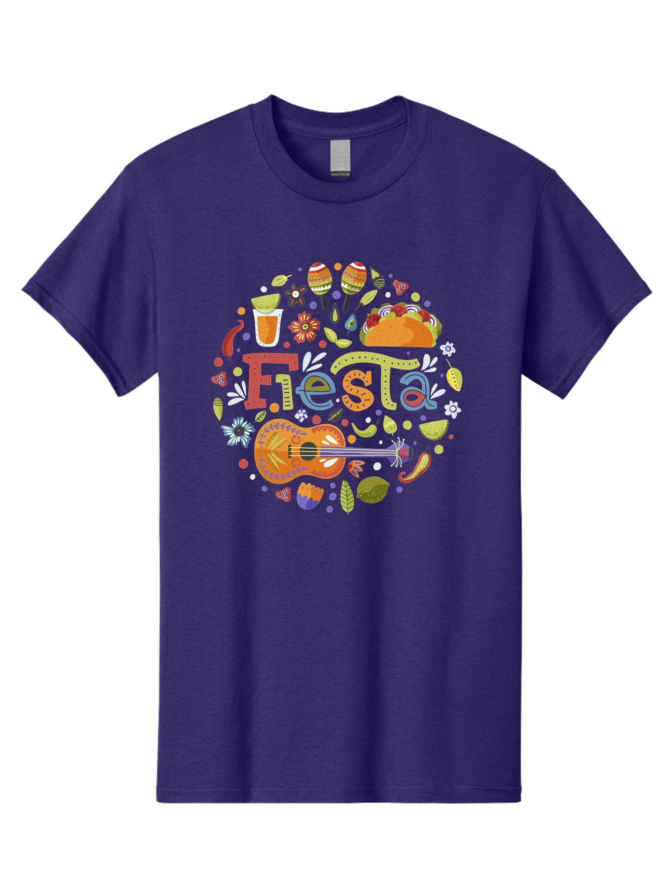 Festa Men'S Graphic Tee, 100% Cotton, Comfortable Casual Summer Wear, Machine Washable, Festival Vibes, Colorful Illustration, Mexican Food, Drinks, Flowers, Guitar, Maracas, Lively Celebration, Vibrant Colors, Festive Atmosphere, Party, -  Aaa242