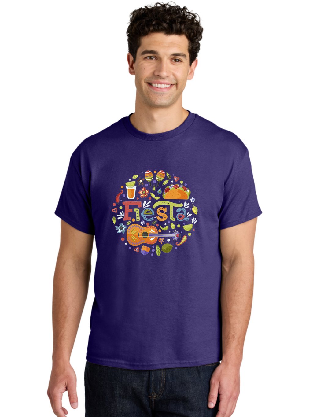Festa Men'S Graphic Tee, 100% Cotton, Comfortable Casual Summer Wear, Machine Washable, Festival Vibes, Colorful Illustration, Mexican Food, Drinks, Flowers, Guitar, Maracas, Lively Celebration, Vibrant Colors, Festive Atmosphere, Party, -  Aaa242