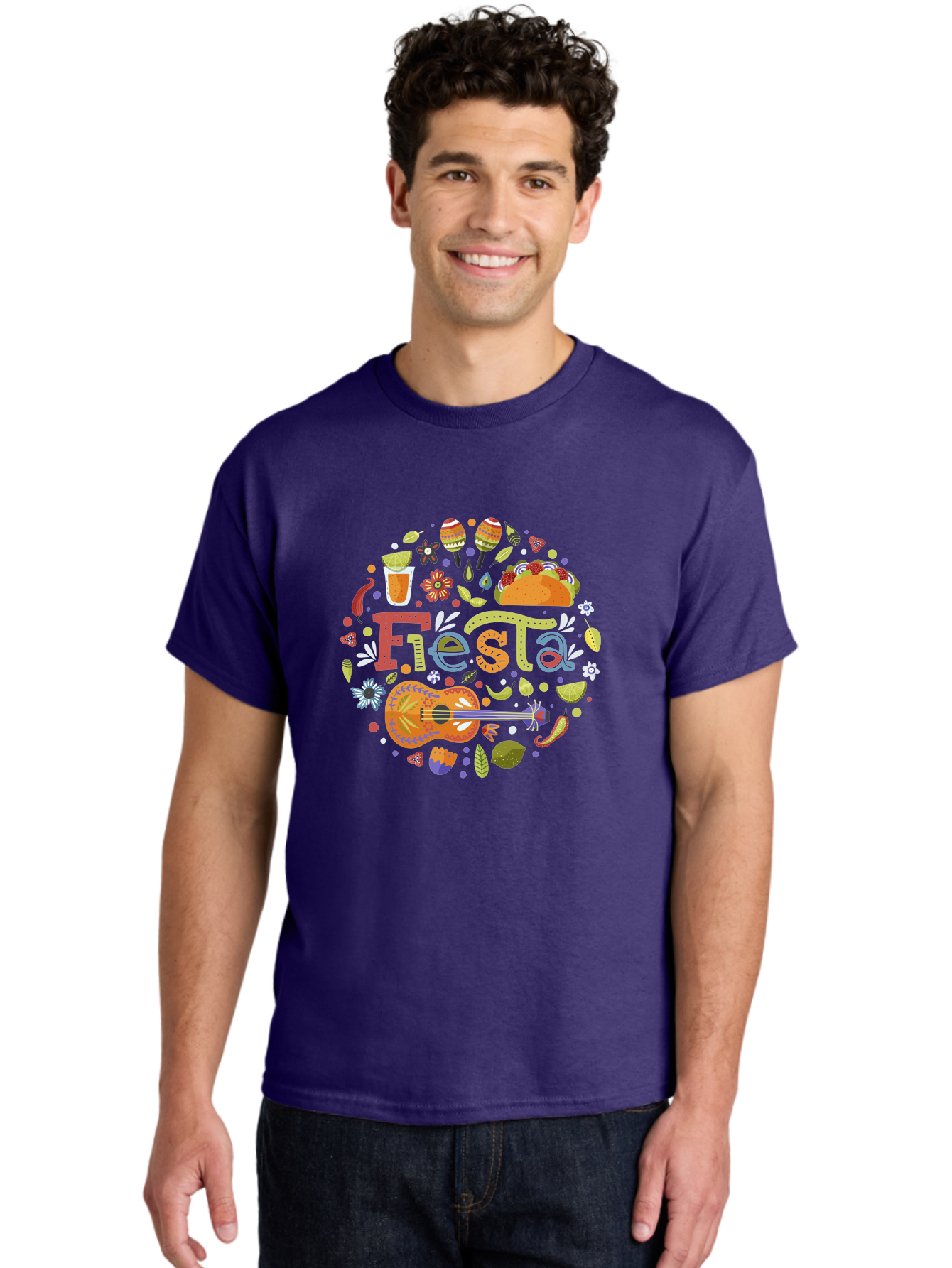 Festa Men'S Graphic Tee, 100% Cotton, Comfortable Casual Summer Wear, Machine Washable, Festival Vibes, Colorful Illustration, Mexican Food, Drinks, Flowers, Guitar, Maracas, Lively Celebration, Vibrant Colors, Festive Atmosphere, Party, -  Aaa242