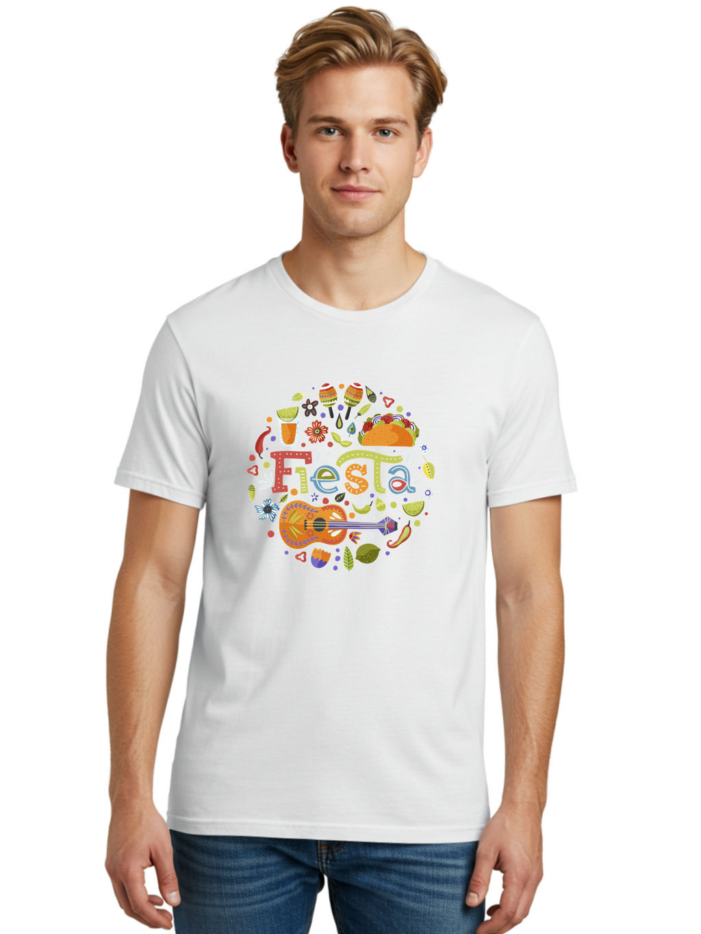 Festa Men'S Graphic Tee, 100% Cotton, Comfortable Casual Summer Wear, Machine Washable, Festival Vibes, Colorful Illustration, Mexican Food, Drinks, Flowers, Guitar, Maracas, Lively Celebration, Vibrant Colors, Festive Atmosphere, Party, -  Aaa242