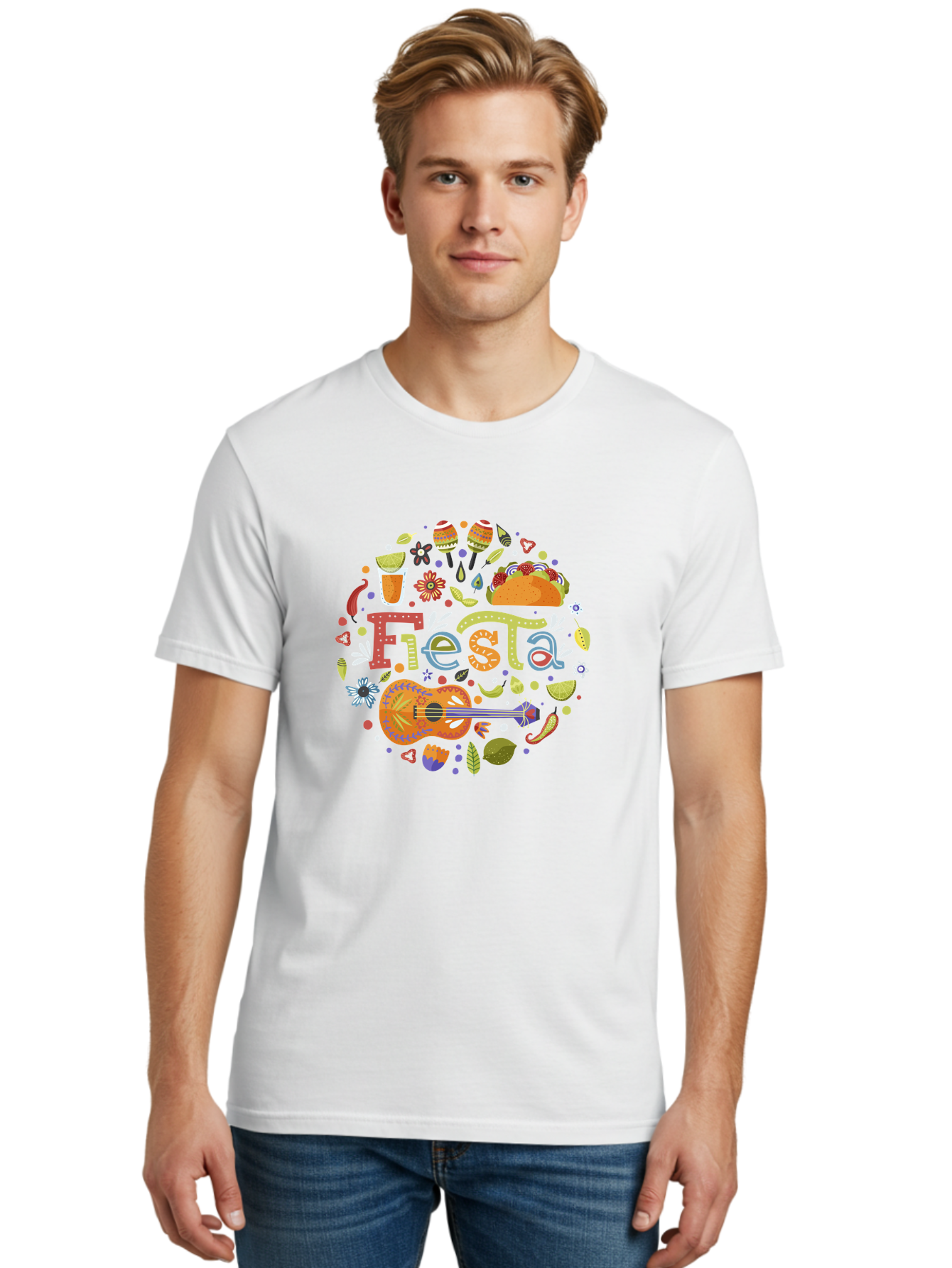 Festa Men'S Graphic Tee, 100% Cotton, Comfortable Casual Summer Wear, Machine Washable, Festival Vibes, Colorful Illustration, Mexican Food, Drinks, Flowers, Guitar, Maracas, Lively Celebration, Vibrant Colors, Festive Atmosphere, Party, -  Aaa242