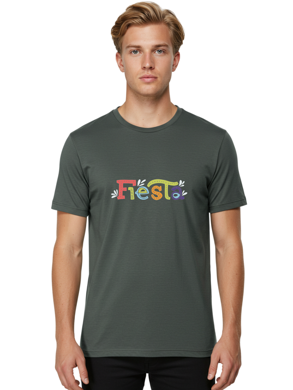 Fiesta-1 Men'S Graphic Tee, 100% Cotton, Comfortable Casual Summer Wear, Machine Washable, Vibrant Lettering, Colorful Text, Fiesta Theme, Festive Design, Celebration Graphics, Party Decoration, Multicolored Font, Decorative Leaves -  Aaa243