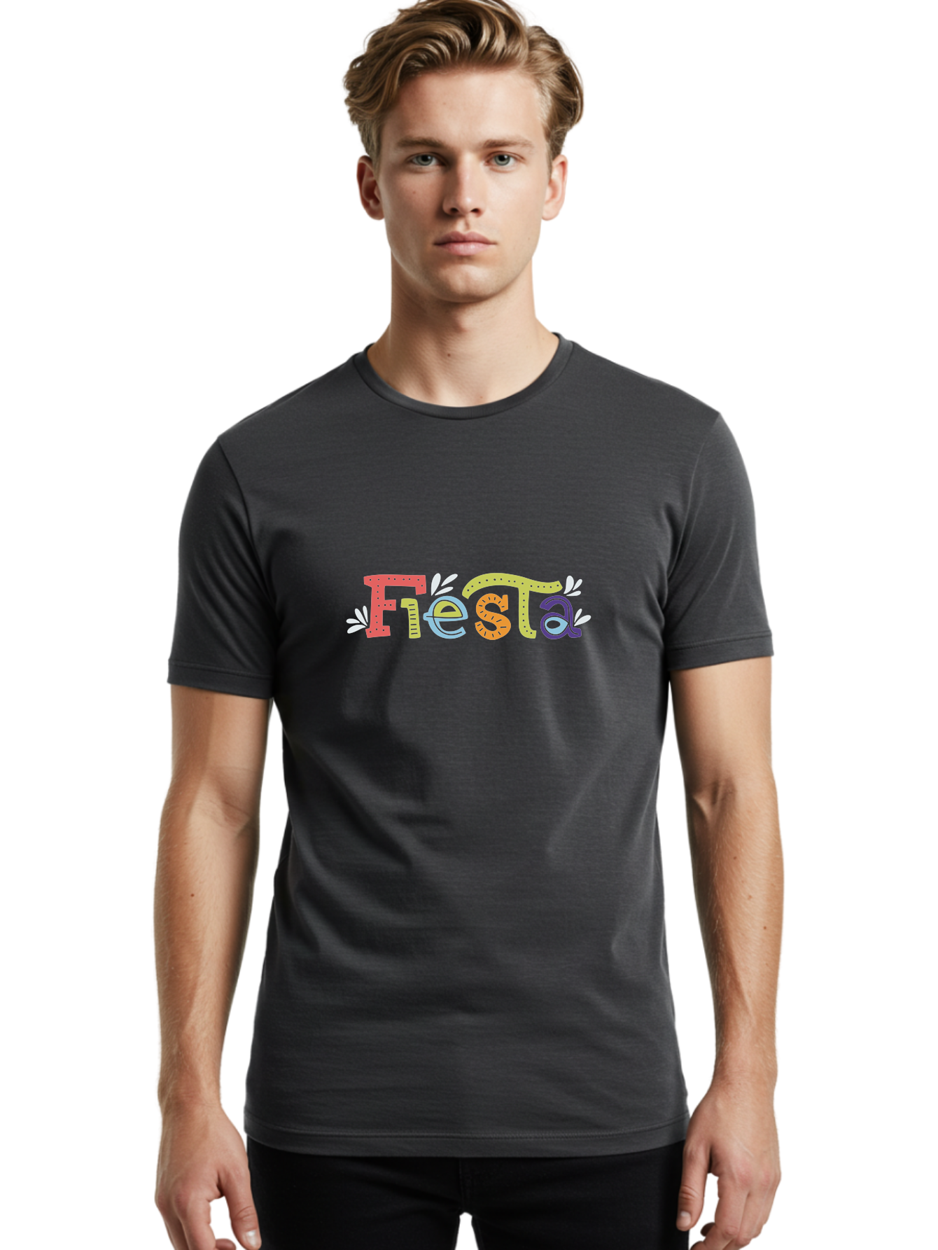 Fiesta-1 Men'S Graphic Tee, 100% Cotton, Comfortable Casual Summer Wear, Machine Washable, Vibrant Lettering, Colorful Text, Fiesta Theme, Festive Design, Celebration Graphics, Party Decoration, Multicolored Font, Decorative Leaves -  Aaa243