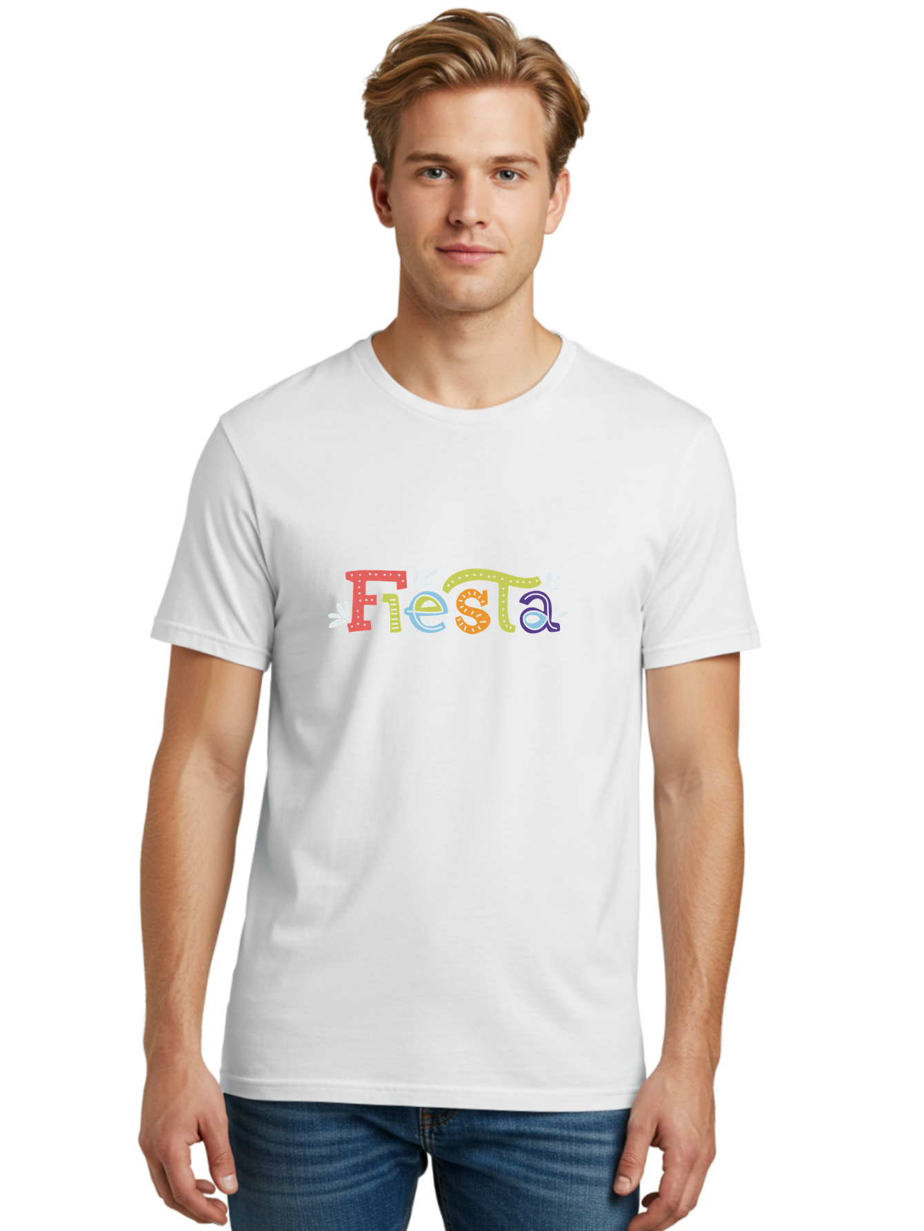 Fiesta-1 Men'S Graphic Tee, 100% Cotton, Comfortable Casual Summer Wear, Machine Washable, Vibrant Lettering, Colorful Text, Fiesta Theme, Festive Design, Celebration Graphics, Party Decoration, Multicolored Font, Decorative Leaves -  Aaa243