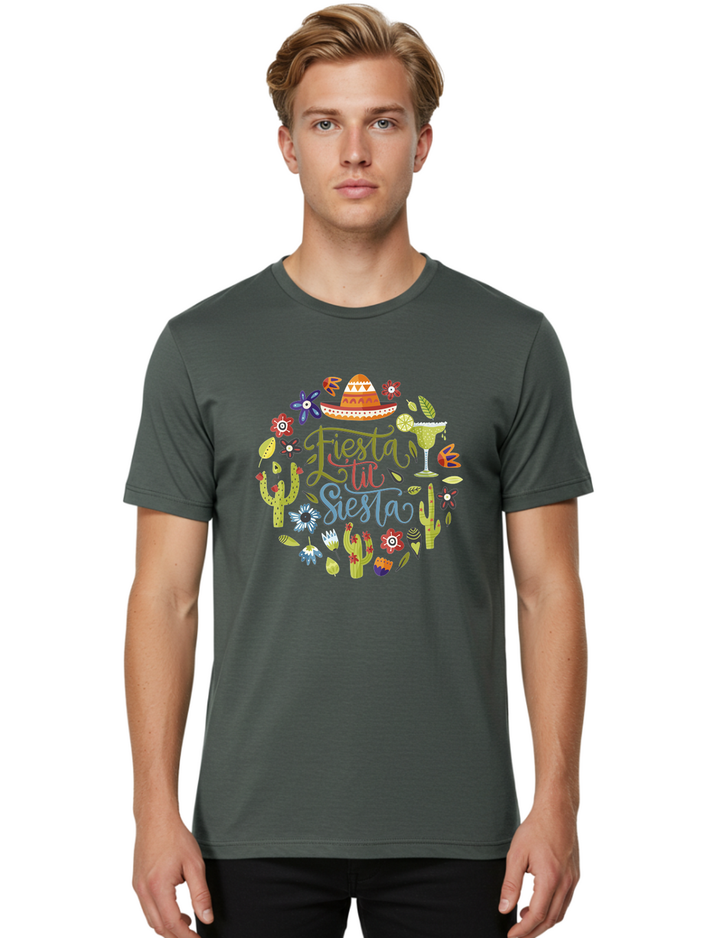 Fiesta-Till-Siesta Men'S Graphic Tee, 100% Cotton, Comfortable Casual Summer Wear, Machine Washable, Fiesta, Siesta, Colorful Flowers, Cacti, Sombrero, Margarita Glass, Margarita, Party, Celebration, Mexican Culture, Vibrant Colors, -  Aaa247