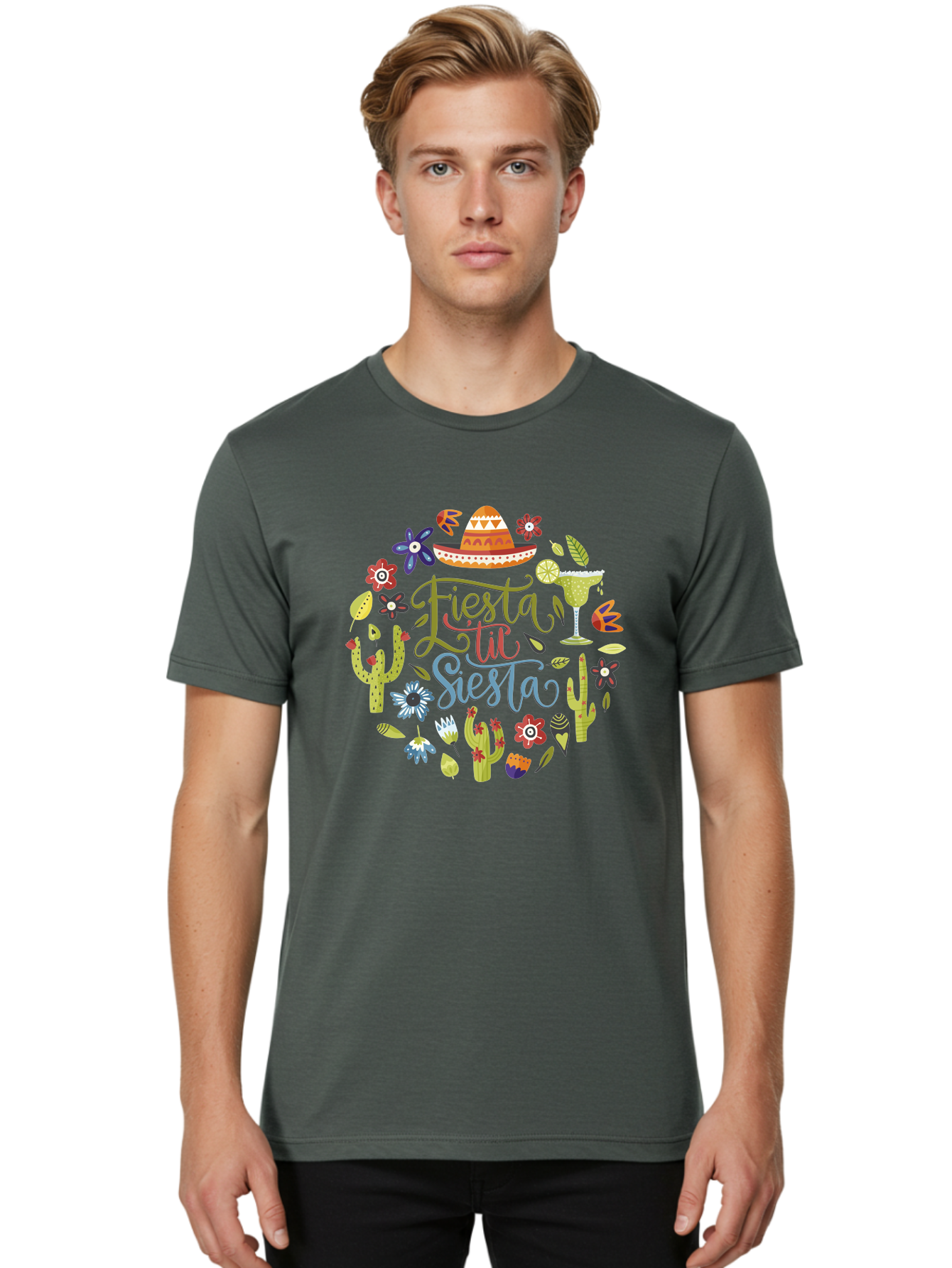Fiesta-Till-Siesta Men'S Graphic Tee, 100% Cotton, Comfortable Casual Summer Wear, Machine Washable, Fiesta, Siesta, Colorful Flowers, Cacti, Sombrero, Margarita Glass, Margarita, Party, Celebration, Mexican Culture, Vibrant Colors, -  Aaa247