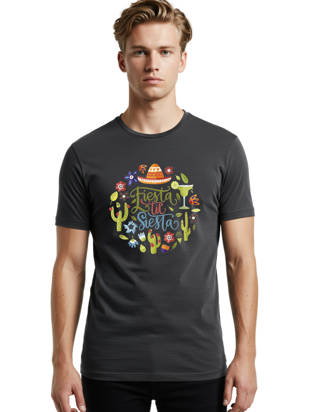 Fiesta-Till-Siesta Men'S Graphic Tee, 100% Cotton, Comfortable Casual Summer Wear, Machine Washable, Fiesta, Siesta, Colorful Flowers, Cacti, Sombrero, Margarita Glass, Margarita, Party, Celebration, Mexican Culture, Vibrant Colors, -  Aaa247