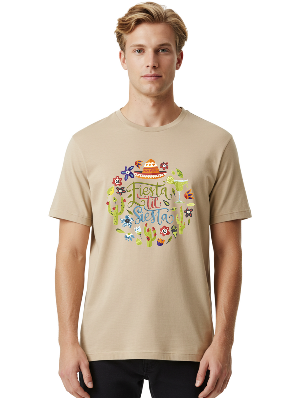 Fiesta-Till-Siesta Men'S Graphic Tee, 100% Cotton, Comfortable Casual Summer Wear, Machine Washable, Fiesta, Siesta, Colorful Flowers, Cacti, Sombrero, Margarita Glass, Margarita, Party, Celebration, Mexican Culture, Vibrant Colors, -  Aaa247