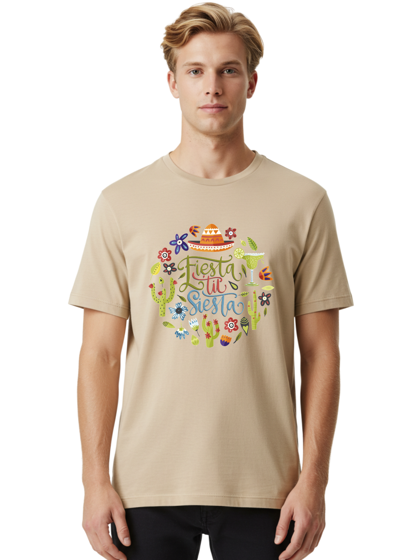 Fiesta-Till-Siesta Men'S Graphic Tee, 100% Cotton, Comfortable Casual Summer Wear, Machine Washable, Fiesta, Siesta, Colorful Flowers, Cacti, Sombrero, Margarita Glass, Margarita, Party, Celebration, Mexican Culture, Vibrant Colors, -  Aaa247