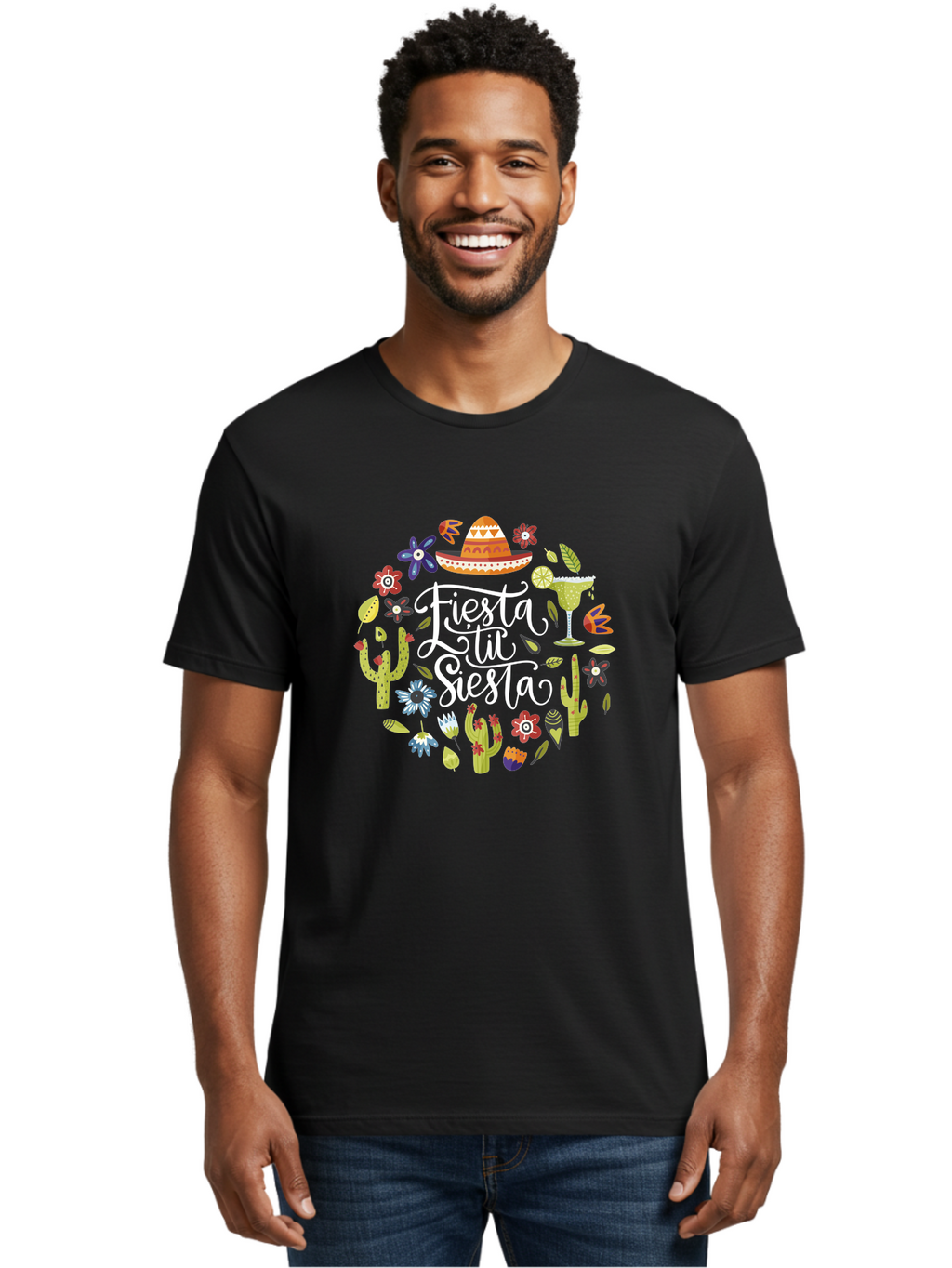 Fiesta-Tu-Siesta Men'S Graphic Tee, 100% Cotton, Comfortable Casual Summer Wear, Machine Washable, Fiesta Theme, Mexican Vacation, Margarita Cocktail, Sombrero Hat, Cacti Flowers, Colorful Decor, Party Celebration, Latino Culture, -  Aaa248