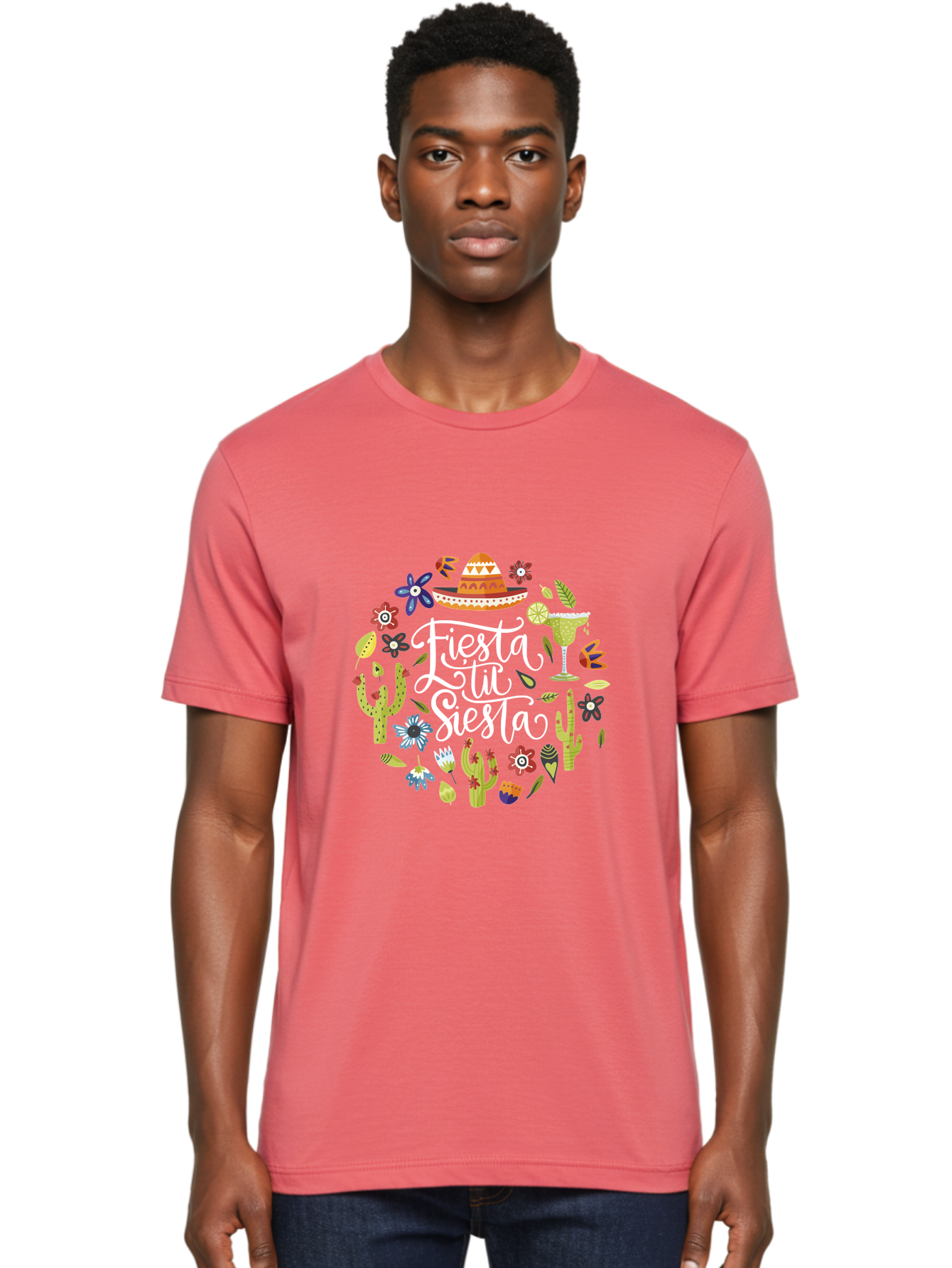 Fiesta-Tu-Siesta Men'S Graphic Tee, 100% Cotton, Comfortable Casual Summer Wear, Machine Washable, Fiesta Theme, Mexican Vacation, Margarita Cocktail, Sombrero Hat, Cacti Flowers, Colorful Decor, Party Celebration, Latino Culture, -  Aaa248