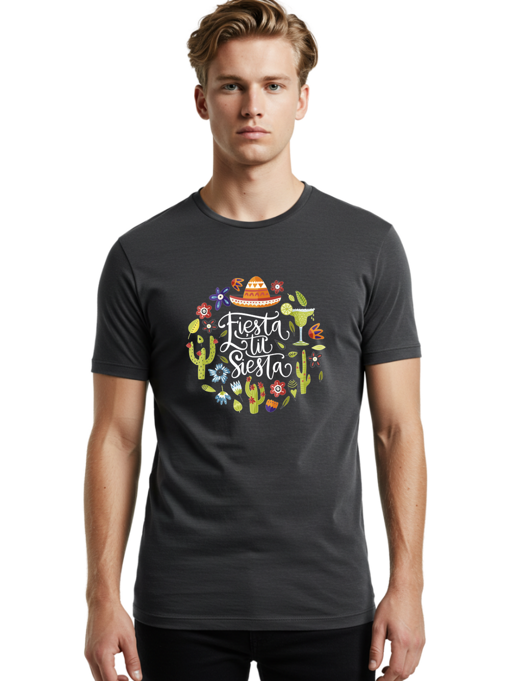 Fiesta-Tu-Siesta Men'S Graphic Tee, 100% Cotton, Comfortable Casual Summer Wear, Machine Washable, Fiesta Theme, Mexican Vacation, Margarita Cocktail, Sombrero Hat, Cacti Flowers, Colorful Decor, Party Celebration, Latino Culture, -  Aaa248
