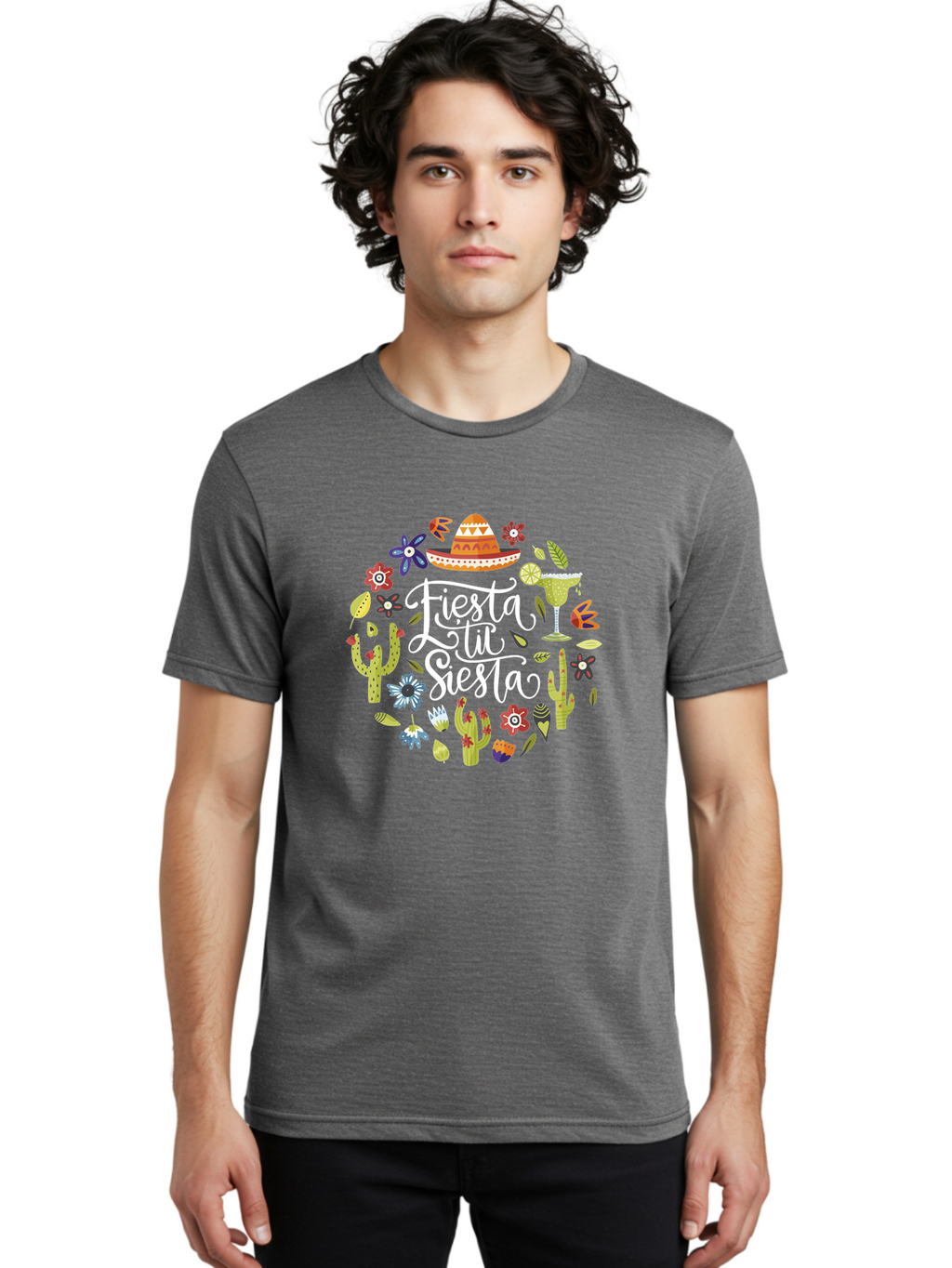 Fiesta-Tu-Siesta Men'S Graphic Tee, 100% Cotton, Comfortable Casual Summer Wear, Machine Washable, Fiesta Theme, Mexican Vacation, Margarita Cocktail, Sombrero Hat, Cacti Flowers, Colorful Decor, Party Celebration, Latino Culture, -  Aaa248