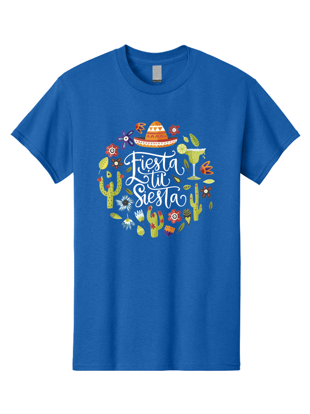 Fiesta-Tu-Siesta Men'S Graphic Tee, 100% Cotton, Comfortable Casual Summer Wear, Machine Washable, Fiesta Theme, Mexican Vacation, Margarita Cocktail, Sombrero Hat, Cacti Flowers, Colorful Decor, Party Celebration, Latino Culture, -  Aaa248