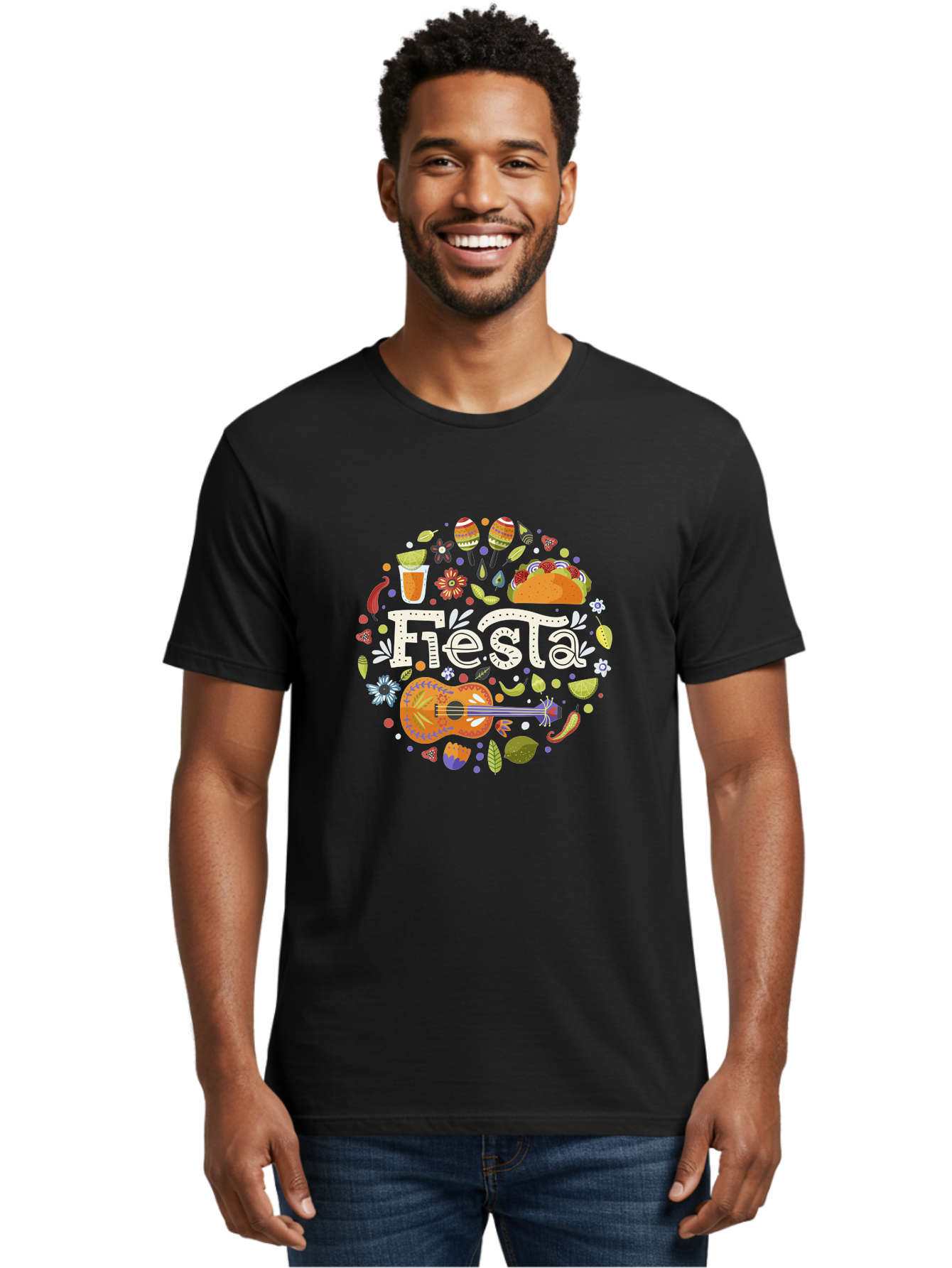 Fiesta Men'S Graphic Tee, 100% Cotton, Comfortable Casual Summer Wear, Machine Washable, Latin American Party, Festive Celebration, Traditional Food, Folk Music, Vibrant Culture, Colorful Flowers, Lively Atmosphere, Dance And Music, -  Aaa249