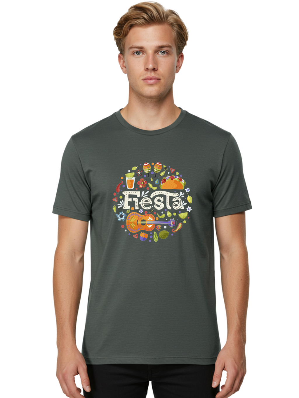Fiesta Men'S Graphic Tee, 100% Cotton, Comfortable Casual Summer Wear, Machine Washable, Latin American Party, Festive Celebration, Traditional Food, Folk Music, Vibrant Culture, Colorful Flowers, Lively Atmosphere, Dance And Music, -  Aaa249