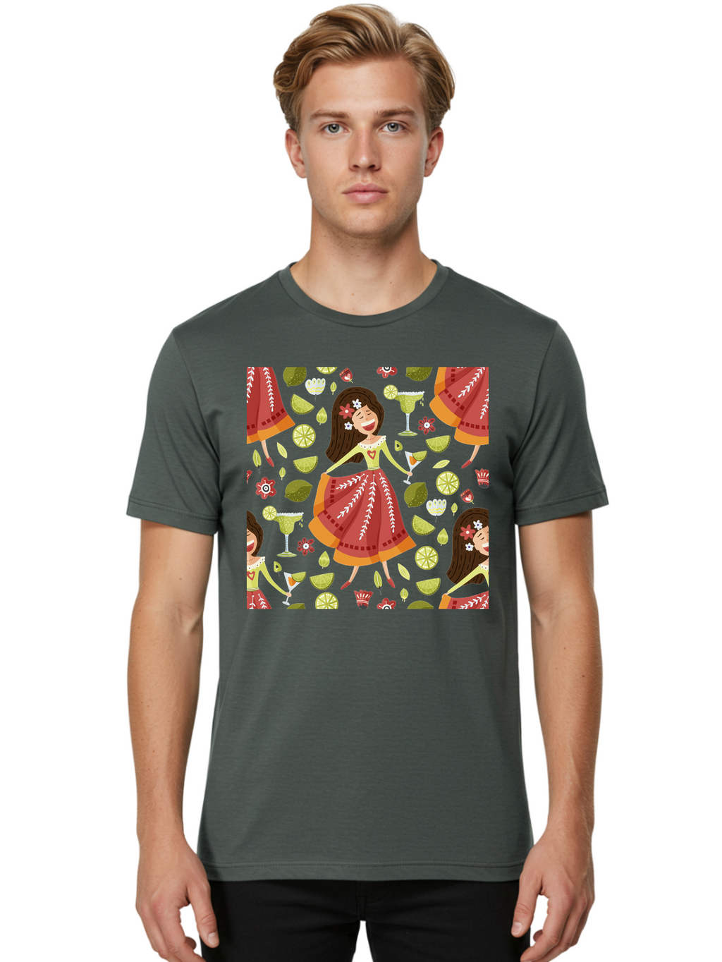 Hula-Girl Men'S Graphic Tee, 100% Cotton, Comfortable Casual Summer Wear, Machine Washable, Hula Girl, Hawaiian Dance, Margarita Cocktails, Citrus Fruits, Floral Patterns, Tropical Leaves, Dancing Woman, Festive Atmosphere, Joyful Moments, -  Aaa255