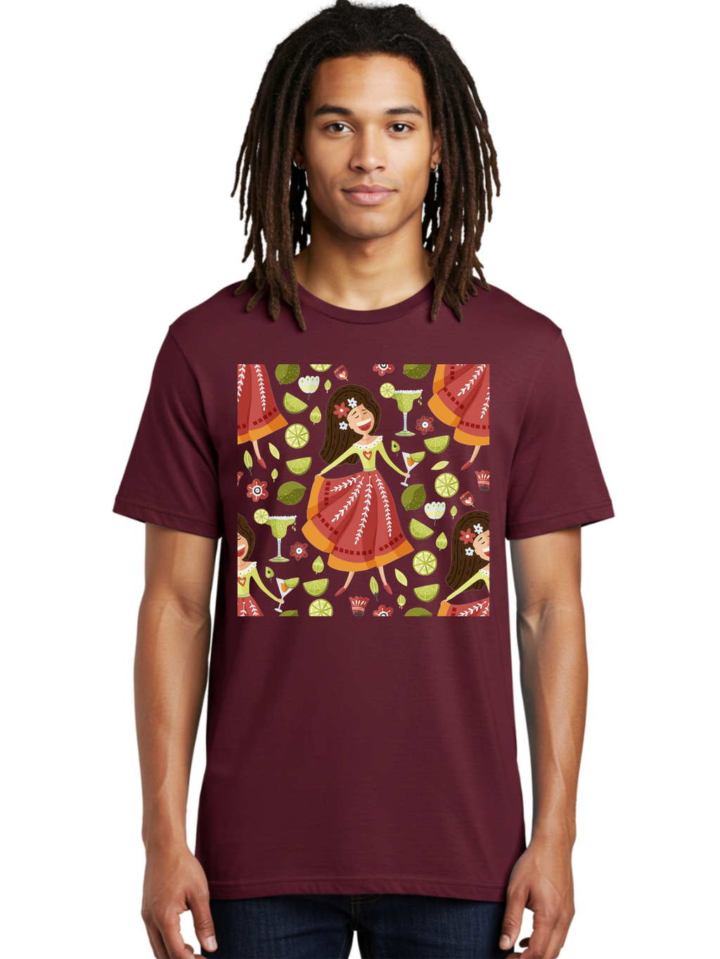 Hula-Girl Men'S Graphic Tee, 100% Cotton, Comfortable Casual Summer Wear, Machine Washable, Hula Girl, Hawaiian Dance, Margarita Cocktails, Citrus Fruits, Floral Patterns, Tropical Leaves, Dancing Woman, Festive Atmosphere, Joyful Moments, -  Aaa255
