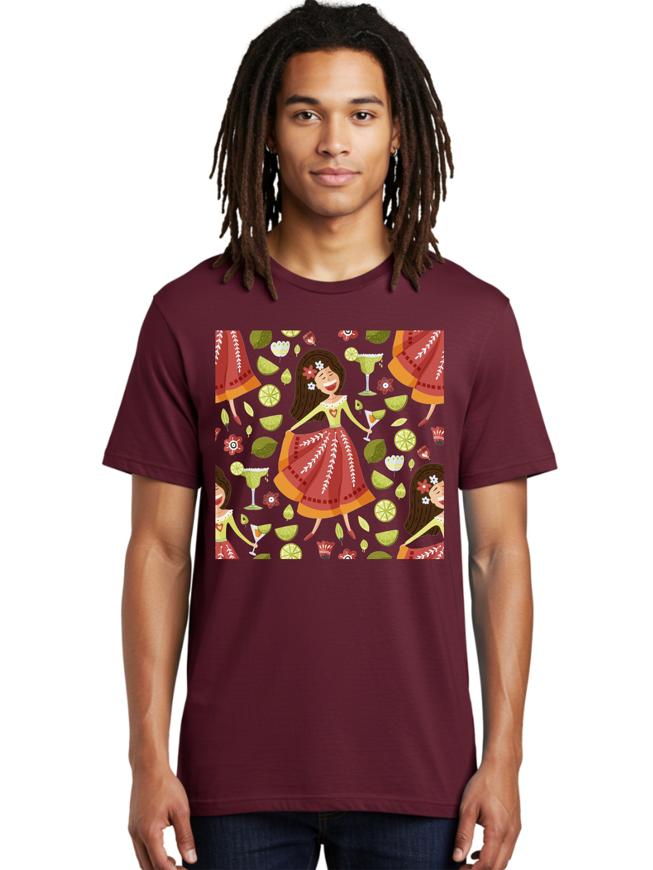 Hula-Girl Men'S Graphic Tee, 100% Cotton, Comfortable Casual Summer Wear, Machine Washable, Hula Girl, Hawaiian Dance, Margarita Cocktails, Citrus Fruits, Floral Patterns, Tropical Leaves, Dancing Woman, Festive Atmosphere, Joyful Moments, -  Aaa255