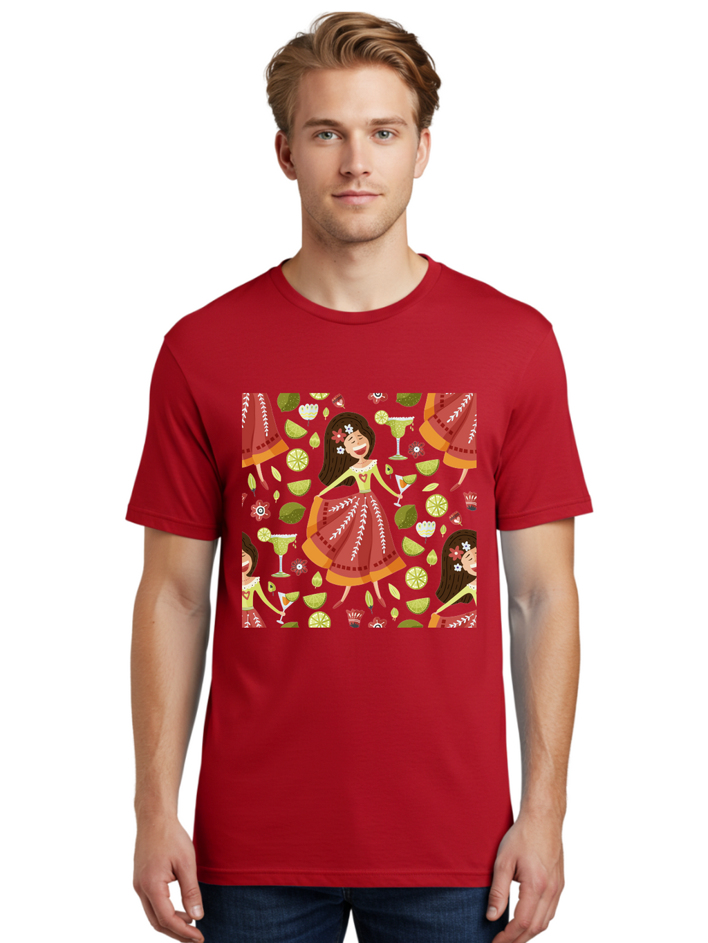 Hula-Girl Men'S Graphic Tee, 100% Cotton, Comfortable Casual Summer Wear, Machine Washable, Hula Girl, Hawaiian Dance, Margarita Cocktails, Citrus Fruits, Floral Patterns, Tropical Leaves, Dancing Woman, Festive Atmosphere, Joyful Moments, -  Aaa255