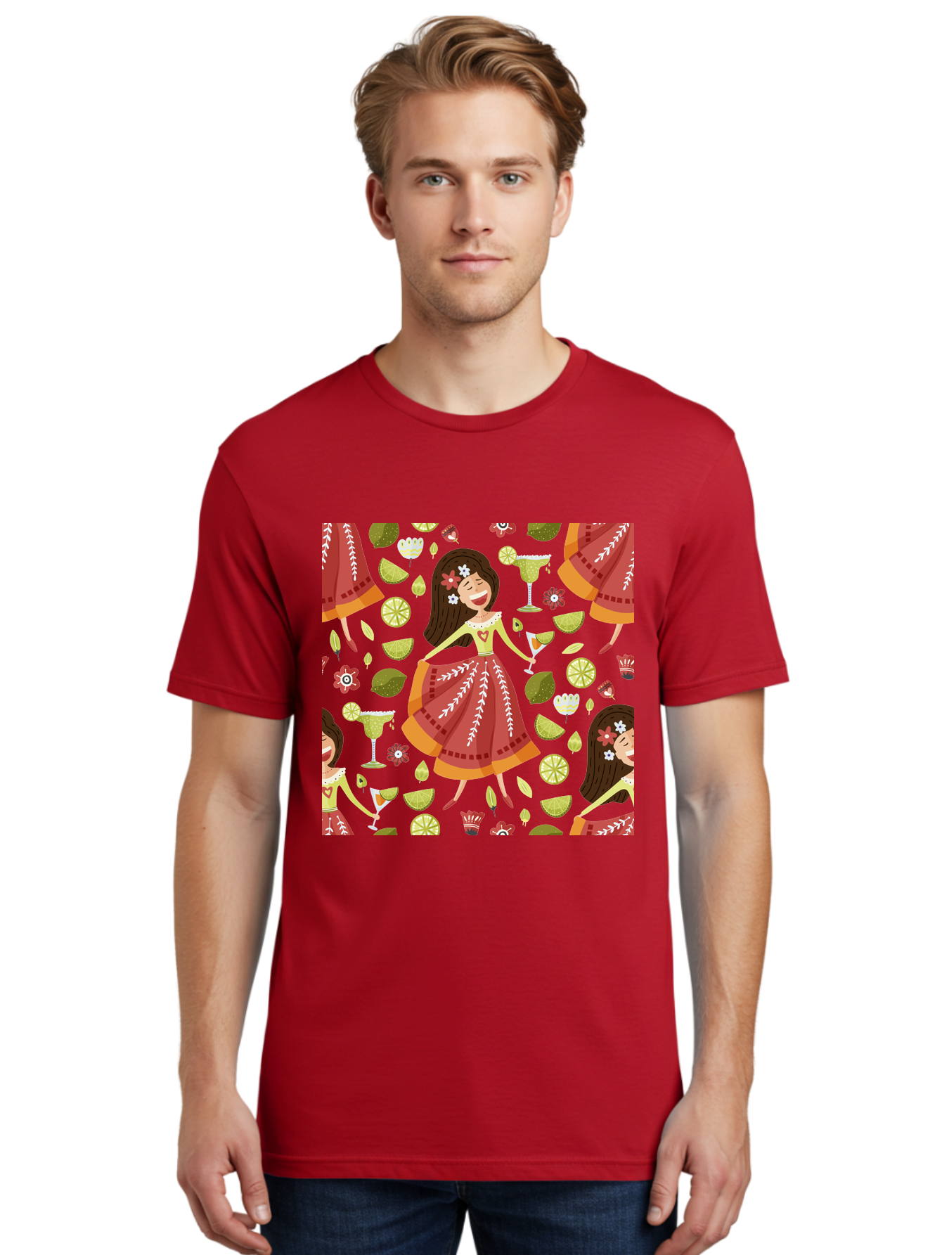Hula-Girl Men'S Graphic Tee, 100% Cotton, Comfortable Casual Summer Wear, Machine Washable, Hula Girl, Hawaiian Dance, Margarita Cocktails, Citrus Fruits, Floral Patterns, Tropical Leaves, Dancing Woman, Festive Atmosphere, Joyful Moments, -  Aaa255