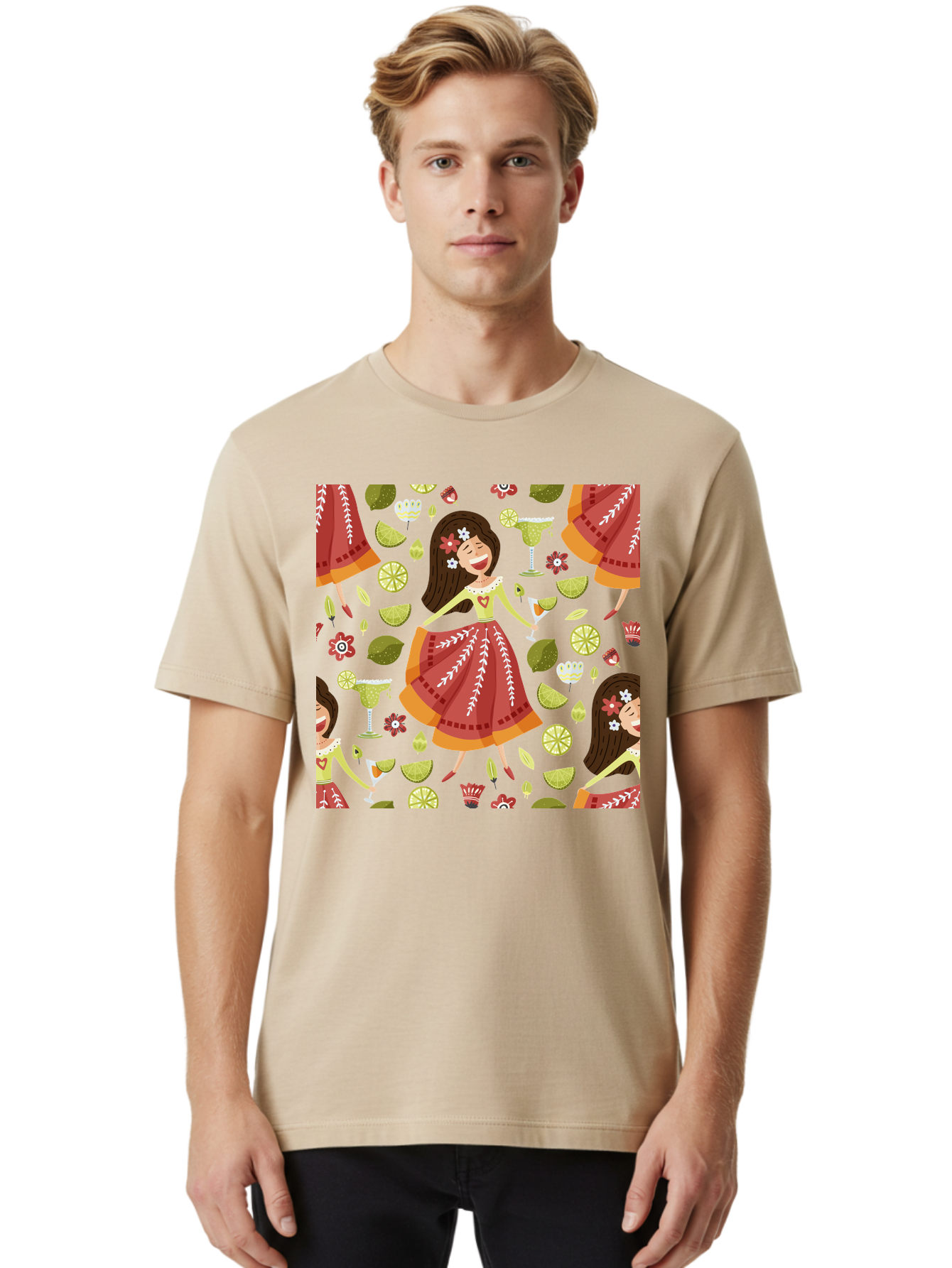Hula-Girl Men'S Graphic Tee, 100% Cotton, Comfortable Casual Summer Wear, Machine Washable, Hula Girl, Hawaiian Dance, Margarita Cocktails, Citrus Fruits, Floral Patterns, Tropical Leaves, Dancing Woman, Festive Atmosphere, Joyful Moments, -  Aaa255