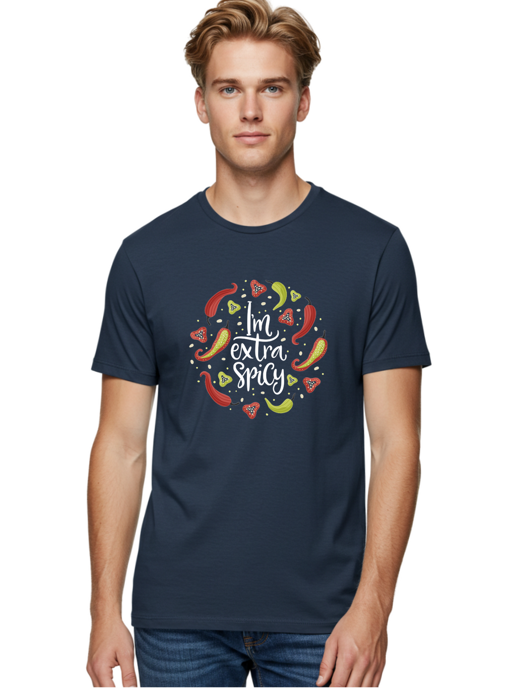 I-M-Extra-Spicy-1 Men'S Graphic Tee, 100% Cotton, Comfortable Casual Summer Wear, Machine Washable, Spicy Food, Hot Peppers, Chili Peppers, Strawberries, Flavorful Cuisine, Bold Flavors, Spicy Personality, Fun Design -  Aaa258